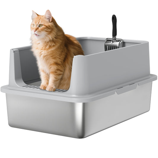 Stainless Steel Cat Litter Box, XL Kitty Litter Box for Big and Multiple Cats with High Wall Side, Scoop, Anti-Leakage, Easy Cleaning & Odor Free