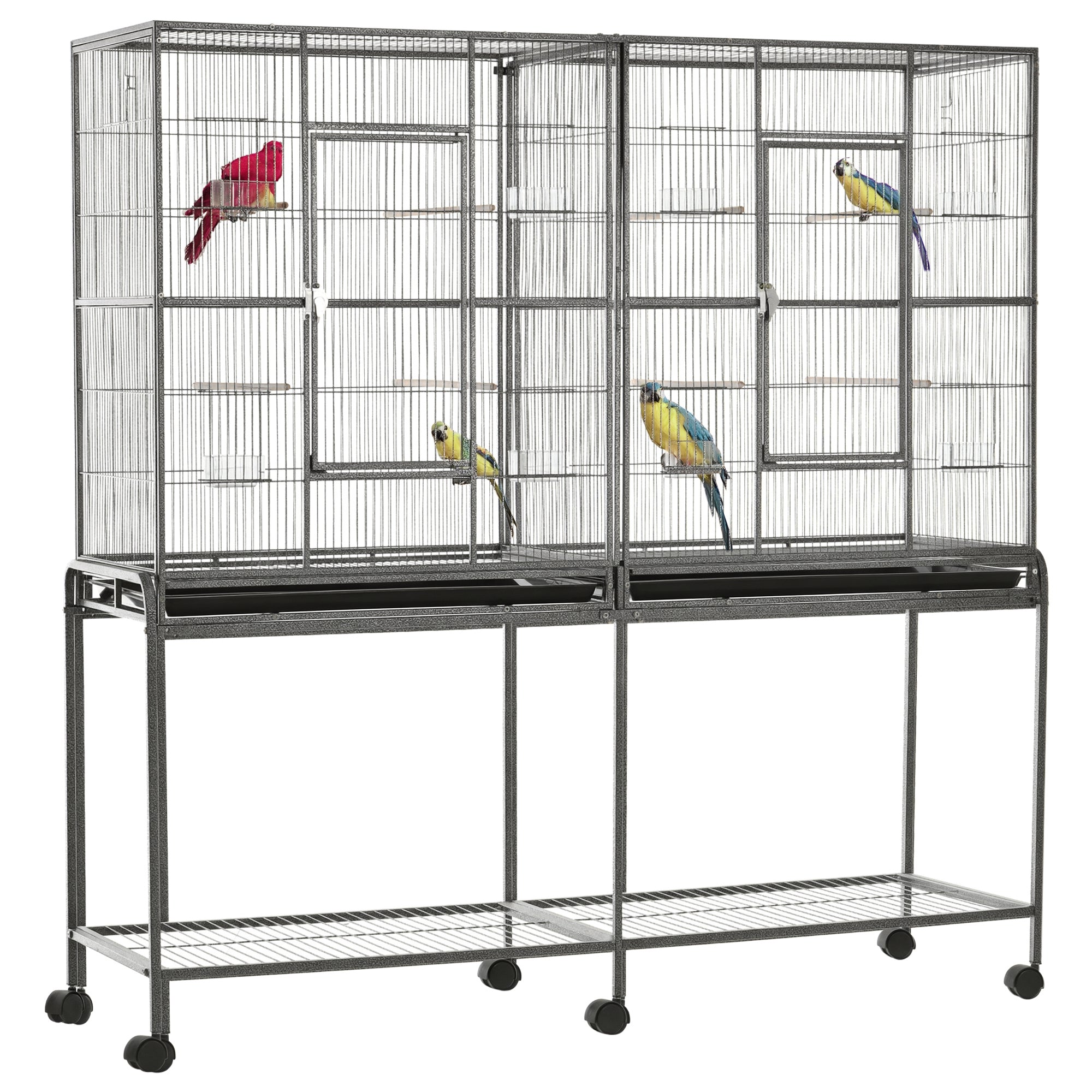 65" Double Rolling Metal Bird Cage with Divider, Large Parrot Cage for Parakeet, Canaries, Lovebirds, Budgie, Finch, with Detachable Rolling Stand, Storage Shelf, Wood Perch & Food Container