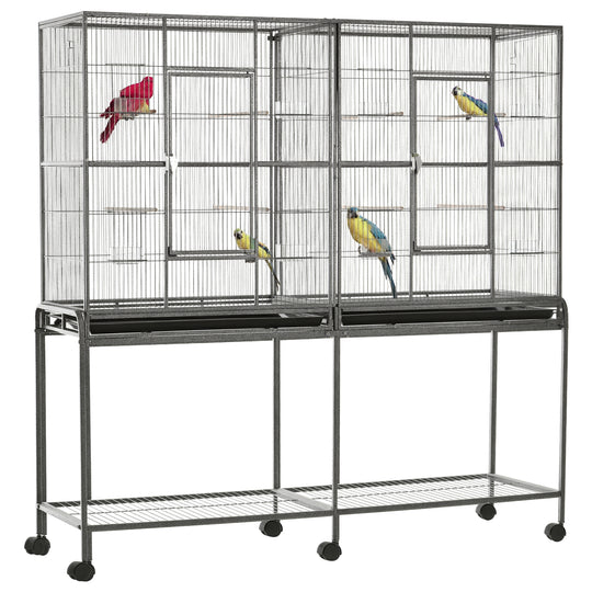 65" Double Rolling Metal Bird Cage with Divider, Large Parrot Cage for Parakeet, Canaries, Lovebirds, Budgie, Finch, with Detachable Rolling Stand, Storage Shelf, Wood Perch & Food Container
