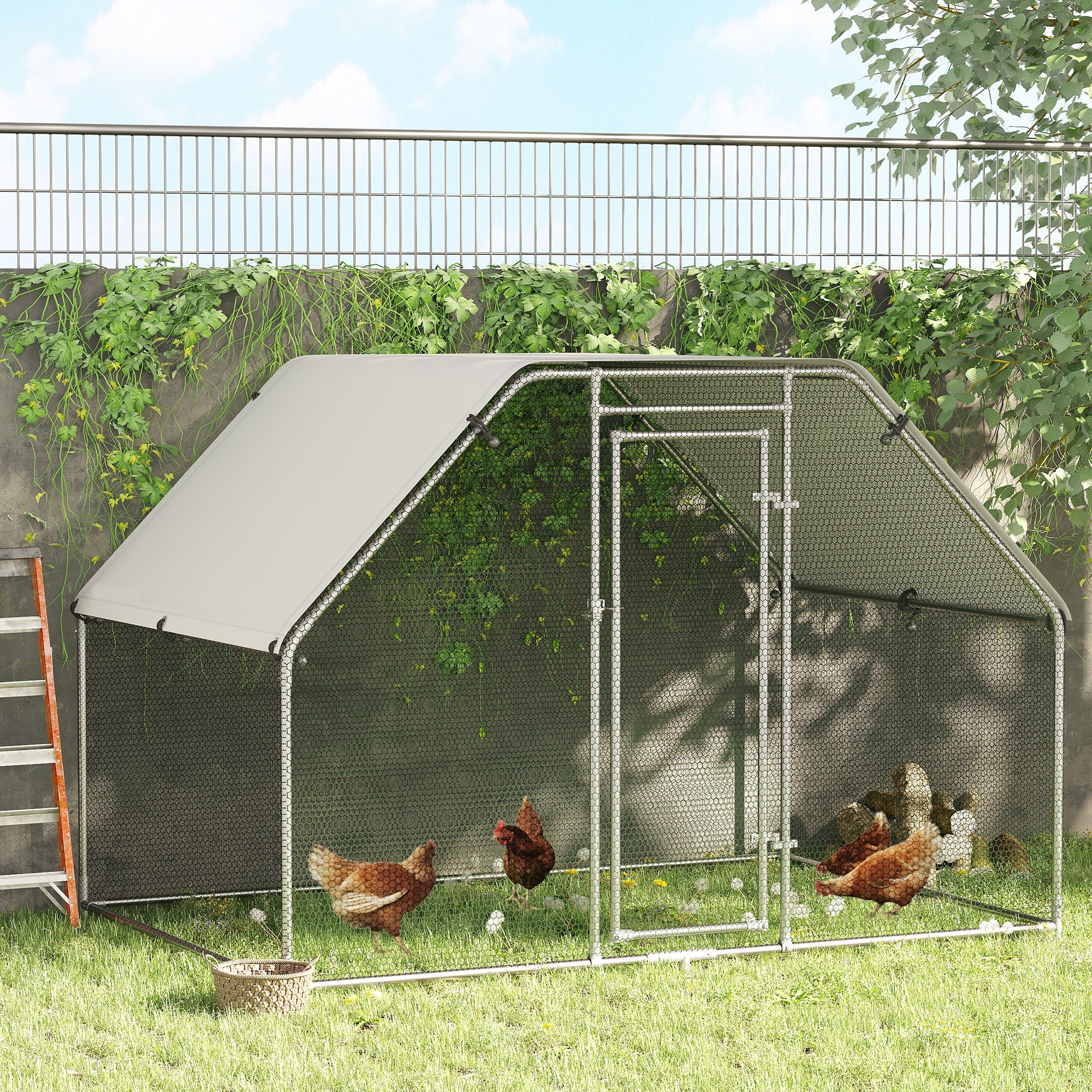 PawHut Large Chicken Coop Metal Chicken Run with Waterproof and Anti-UV Cover, Flat Shaped Walk-in Fence Cage Hen House for Outdoor and Yard Farm Use, 1.3" Tube Diameter, 9' x 6' x 6.5'