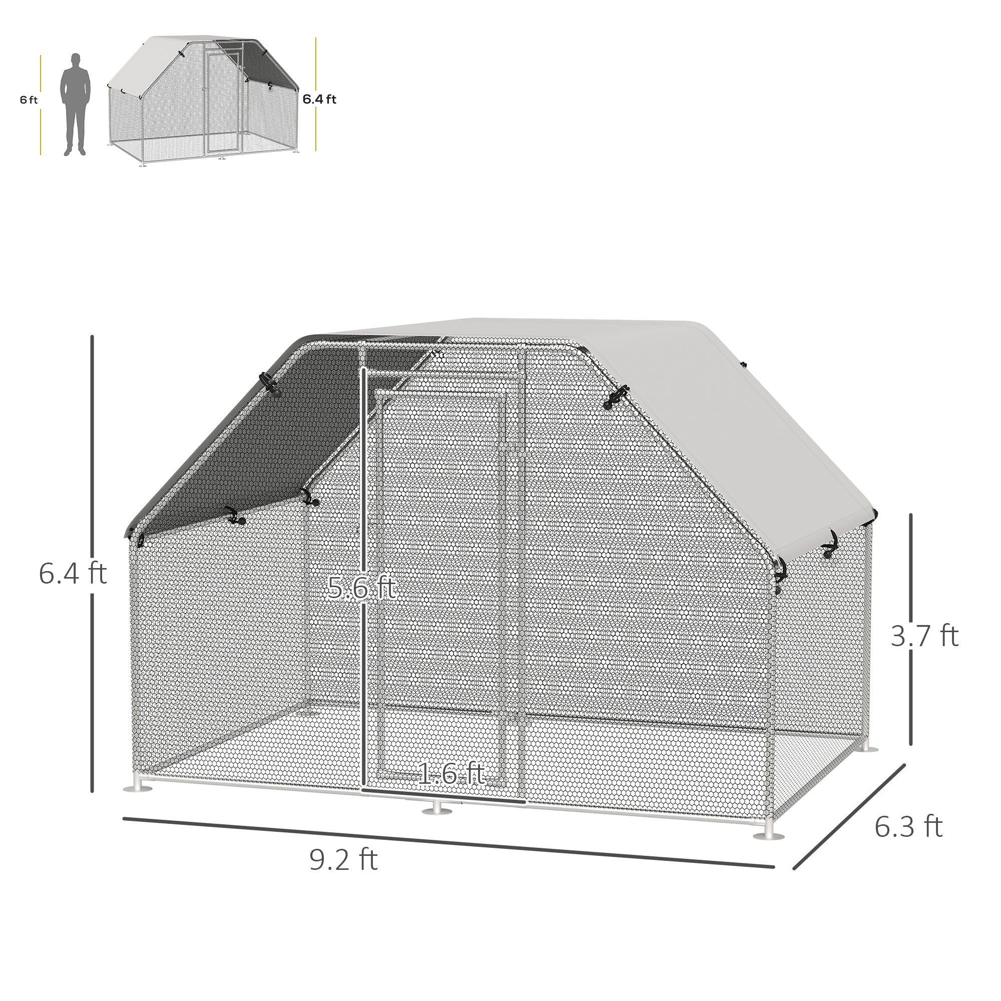 PawHut Large Chicken Coop Metal Chicken Run with Waterproof and Anti-UV Cover, Flat Shaped Walk-in Fence Cage Hen House for Outdoor and Yard Farm Use, 1.3" Tube Diameter, 9' x 6' x 6.5'