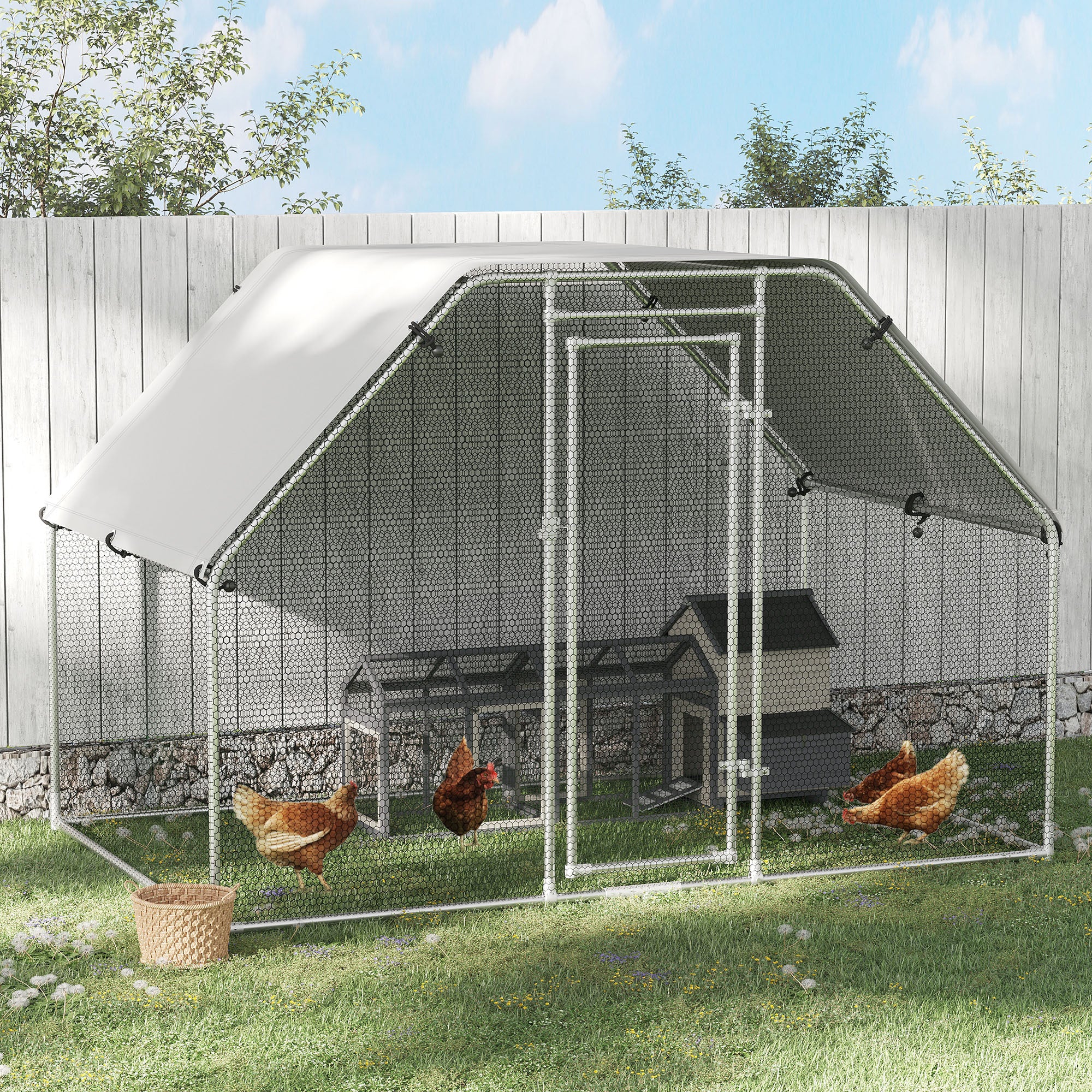PawHut Large Chicken Coop Metal Chicken Run with Waterproof and Anti-UV Cover, Flat Shaped Walk-in Fence Cage Hen House for Outdoor and Yard Farm Use, 1.3" Tube Diameter, 9' x 6' x 6.5'