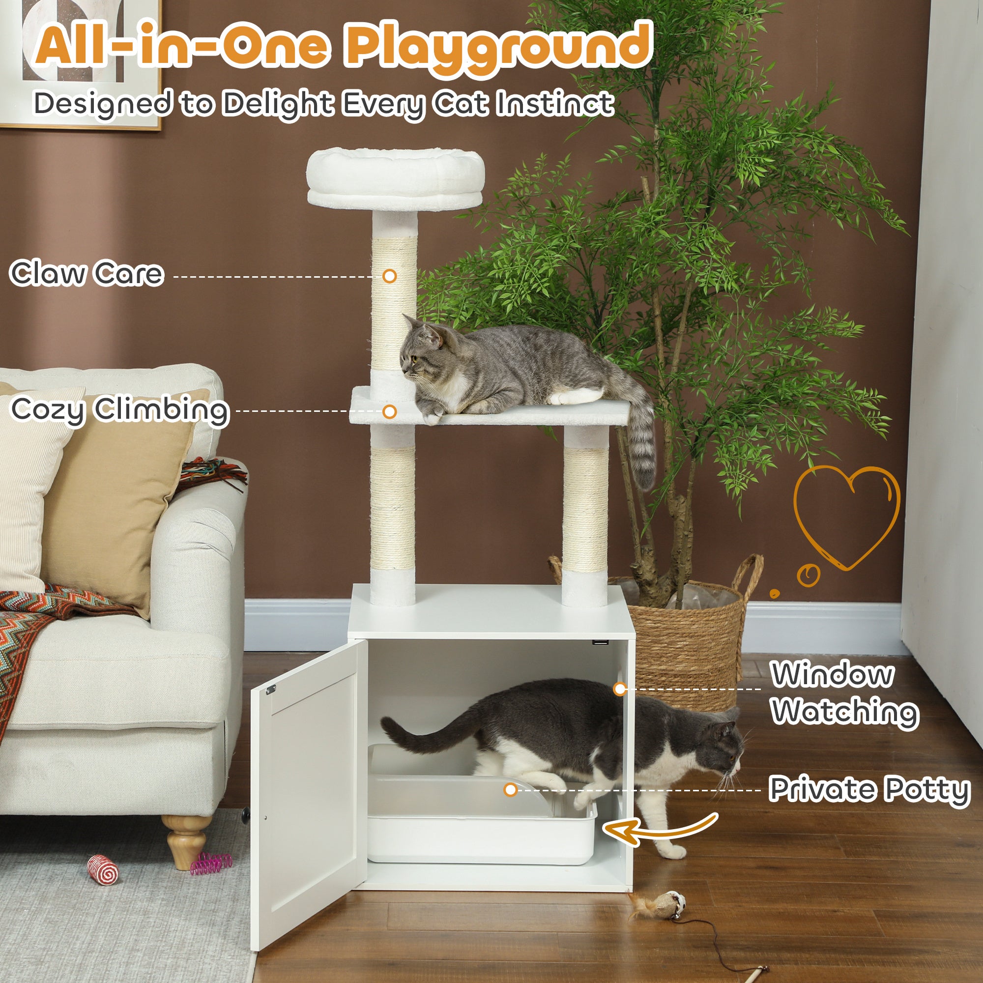 Cat Tree with Litter Box Enclosure, Hidden Cat Tower with Sisal Covered Scratching Posts, Large Platform, Bed, Modern Furniture for Indoor Kittens, White