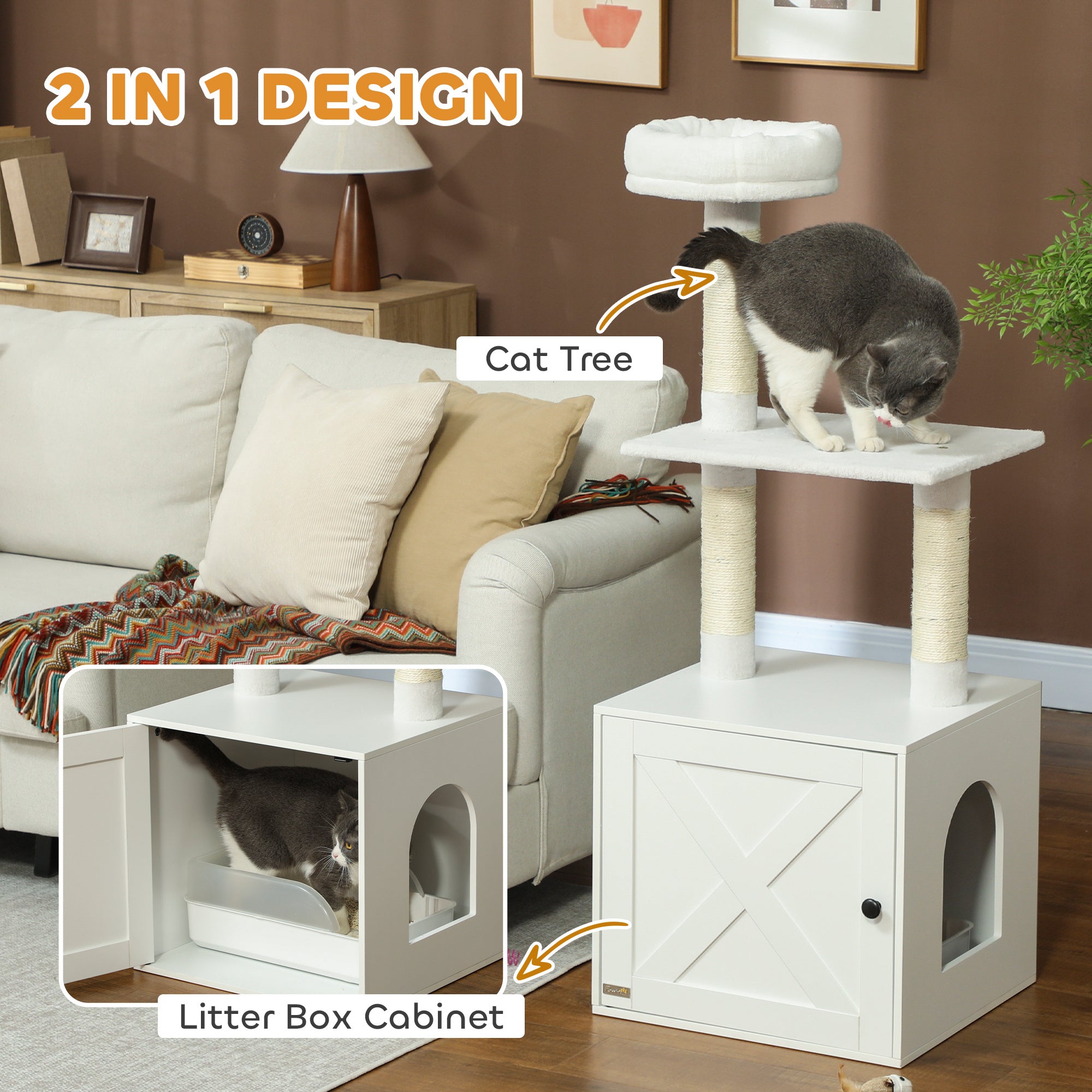 Cat Tree with Litter Box Enclosure, Hidden Cat Tower with Sisal Covered Scratching Posts, Large Platform, Bed, Modern Furniture for Indoor Kittens, White