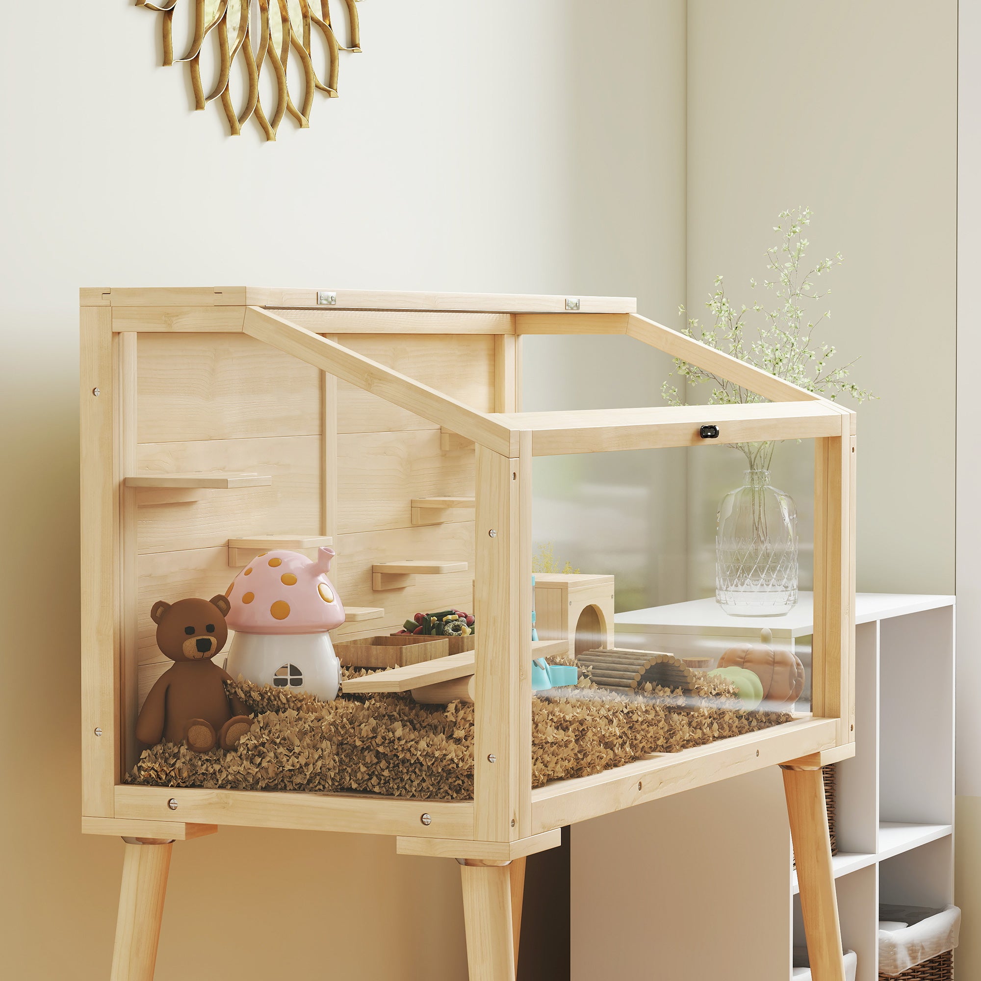 Wooden Hamster Cage, Gerbil Cage with Openable Top, Seesaws, Platforms, Water Bottle, Hamster Habitat with Transparent Viewing for Syrian, Dwarf, Rats, 43.3" x 20.5" x 39.8"