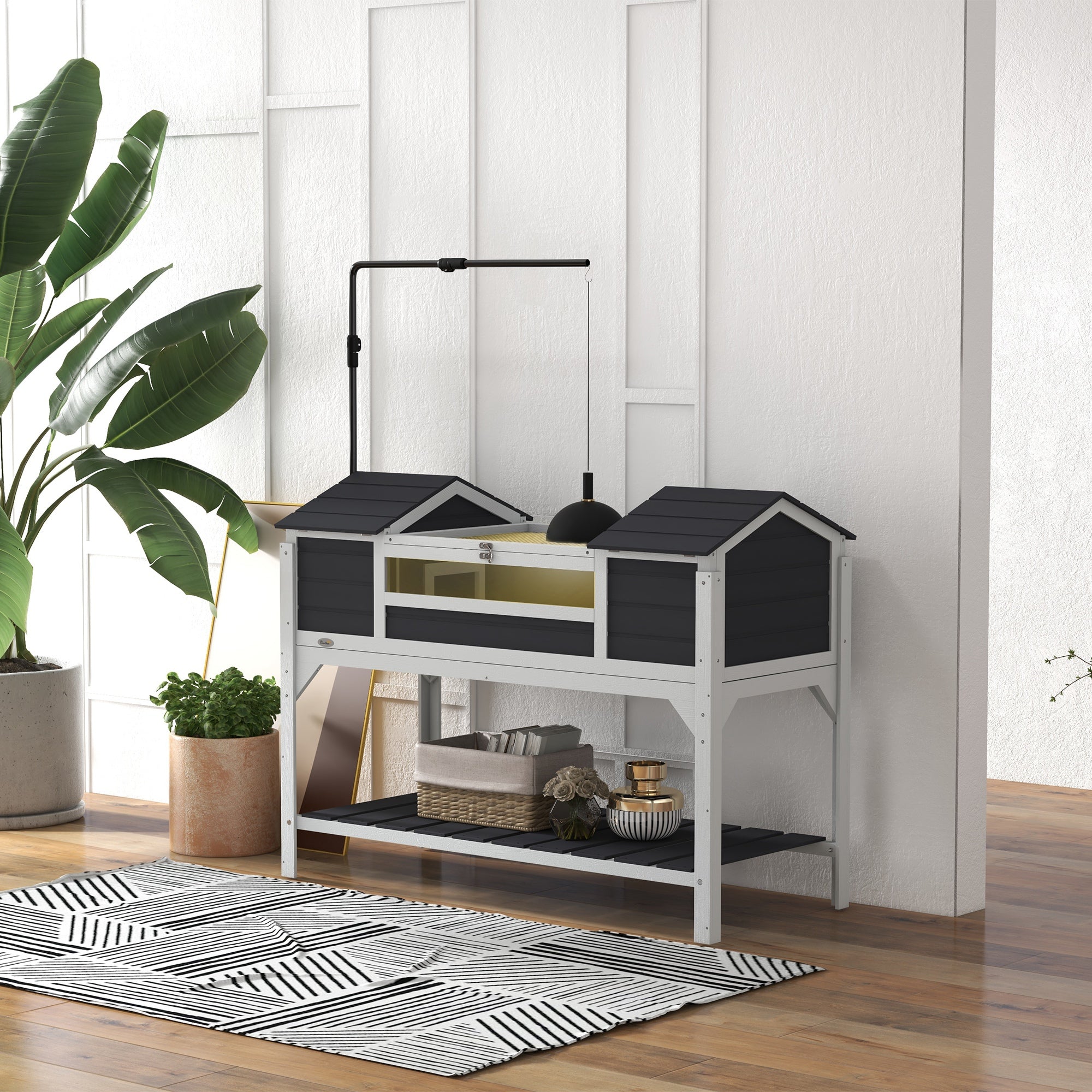 Tortoise House, Wooden Tortoise Enclosure with Adjustable Lamp Holder, Tortoise Table with Openable Lid, Dual Main Houses, Storage Shelf, Basking Area, Fixed Tray - Grey