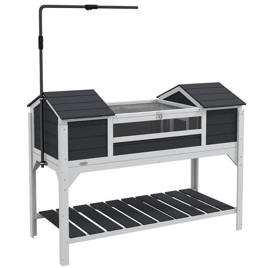 Tortoise House, Wooden Tortoise Enclosure with Adjustable Lamp Holder, Tortoise Table with Openable Lid, Dual Main Houses, Storage Shelf, Basking Area, Fixed Tray - Grey