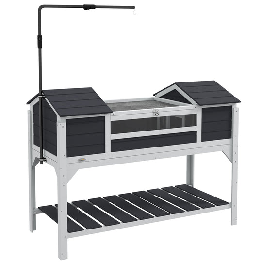 Tortoise House, Wooden Tortoise Enclosure with Adjustable Lamp Holder, Tortoise Table with Openable Lid, Dual Main Houses, Storage Shelf, Basking Area, Fixed Tray - Grey