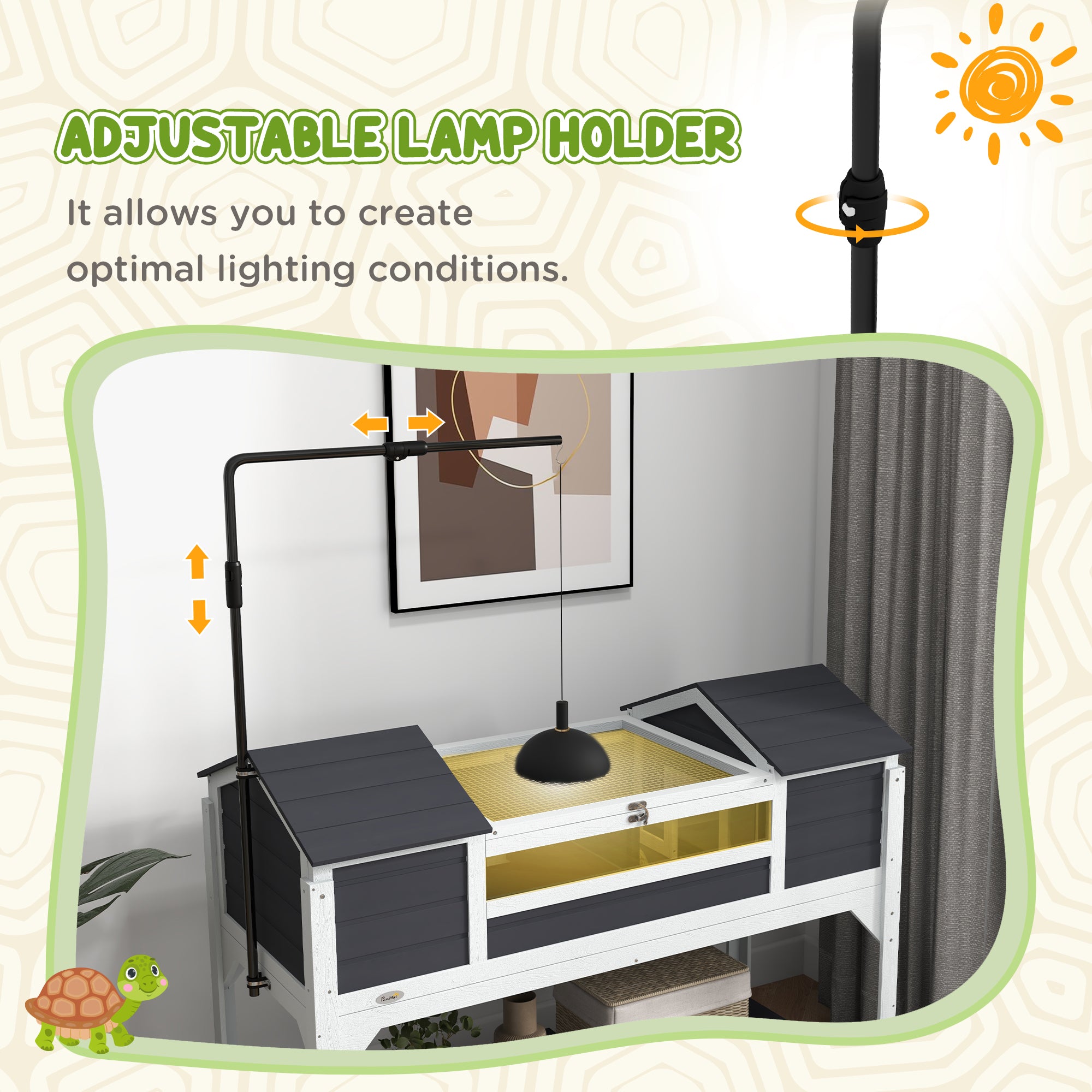 Tortoise House, Wooden Tortoise Enclosure with Adjustable Lamp Holder, Tortoise Table with Openable Lid, Dual Main Houses, Storage Shelf, Basking Area, Fixed Tray - Grey