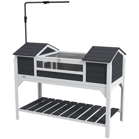 Tortoise House, Wooden Tortoise Enclosure with Adjustable Lamp Holder, Tortoise Table with Openable Lid, Dual Main Houses, Storage Shelf, Basking Area, Fixed Tray - Grey