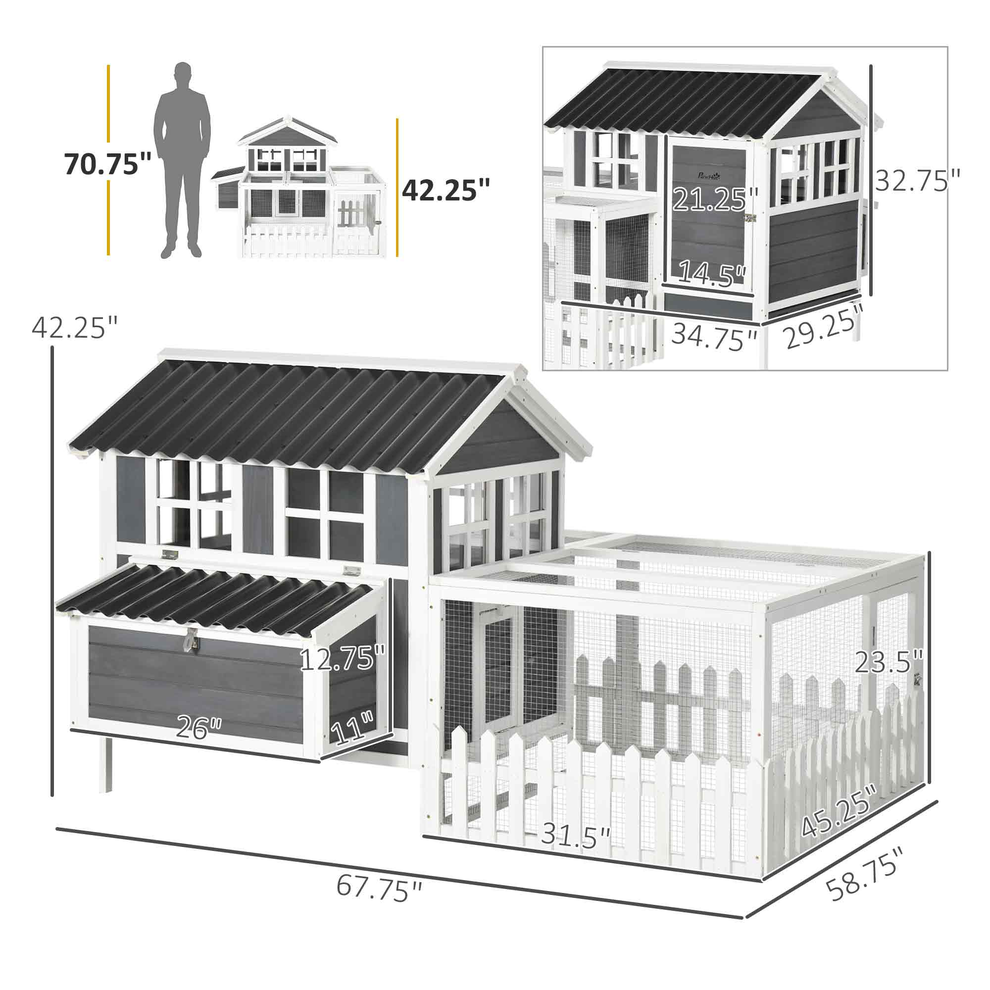 PawHut Wooden Chicken Coop with Run for 3 - 4 Chickens, Hen House with Nesting Box, Removable Tray, Fence, Outdoor Poultry Cage, 68" x 59" x 42" , Gray