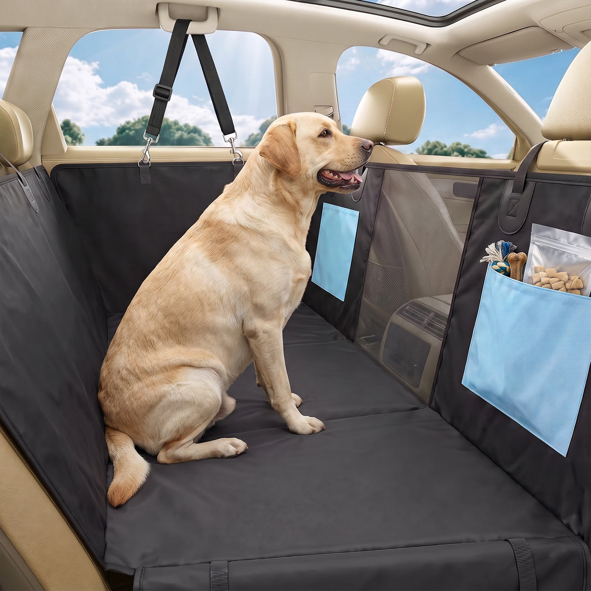 Dog Car Seat Cover, Waterproof Dog Travel Hammock with Non-Slip & Anti-Scratch Surface, Mesh Window and Pockets, Foldable Back Seat Cover for Cars, Trucks and SUVs, Blue