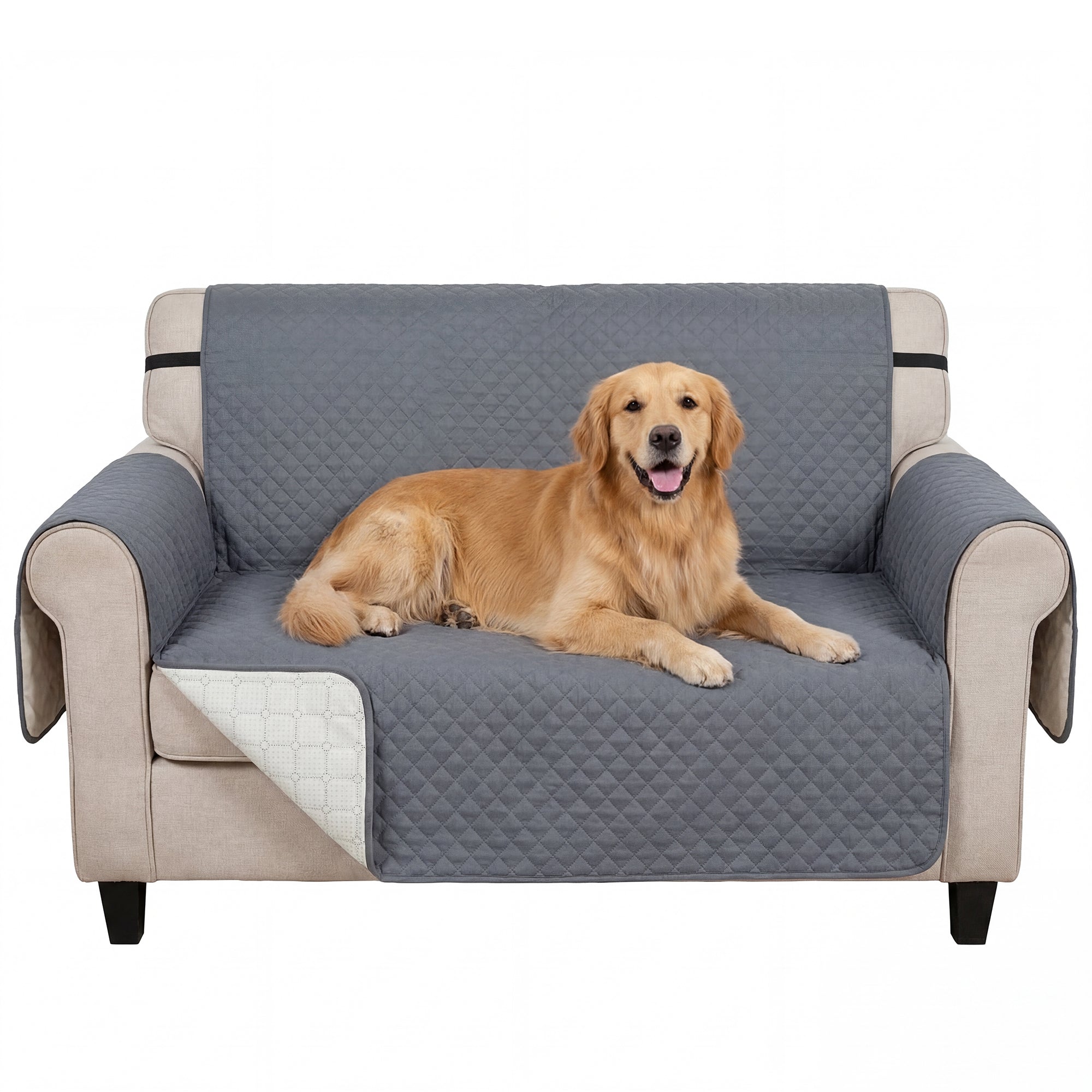 Waterproof Sofa Cover 2 Seater, Soft Couch Cover for Dogs Cats Pets, Non Slip Sofa Slipcoevr with Elastic Straps Furniture Protector for Living Room, Grey