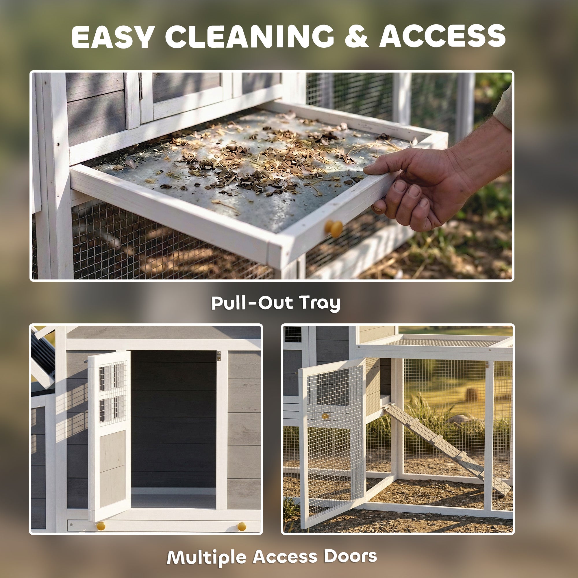 82" Wooden Chicken Coop, Large Outdoor Hen House Poultry Hutch for 2-3 Hens, Chicken House with Nesting Box, Pull-on Tray, Waterproof Roof, Ramp and Roosting Bars for Backyard, Gray