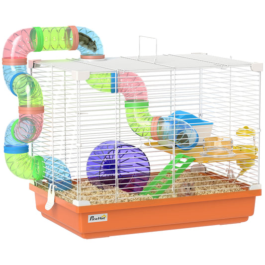 18"L Hamster Cage, Small Animal House, 2-Level Rat Gerbil Haven with Tunnel Tube System, Exercise Wheel, Water Bottle, Food Dish, Ramp, Orange