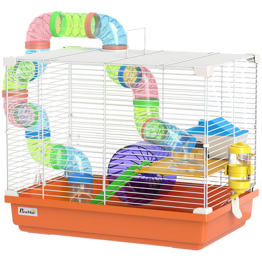 18"L Hamster Cage, Small Animal House, 2-Level Rat Gerbil Haven with Tunnel Tube System, Exercise Wheel, Water Bottle, Food Dish, Ramp, Orange