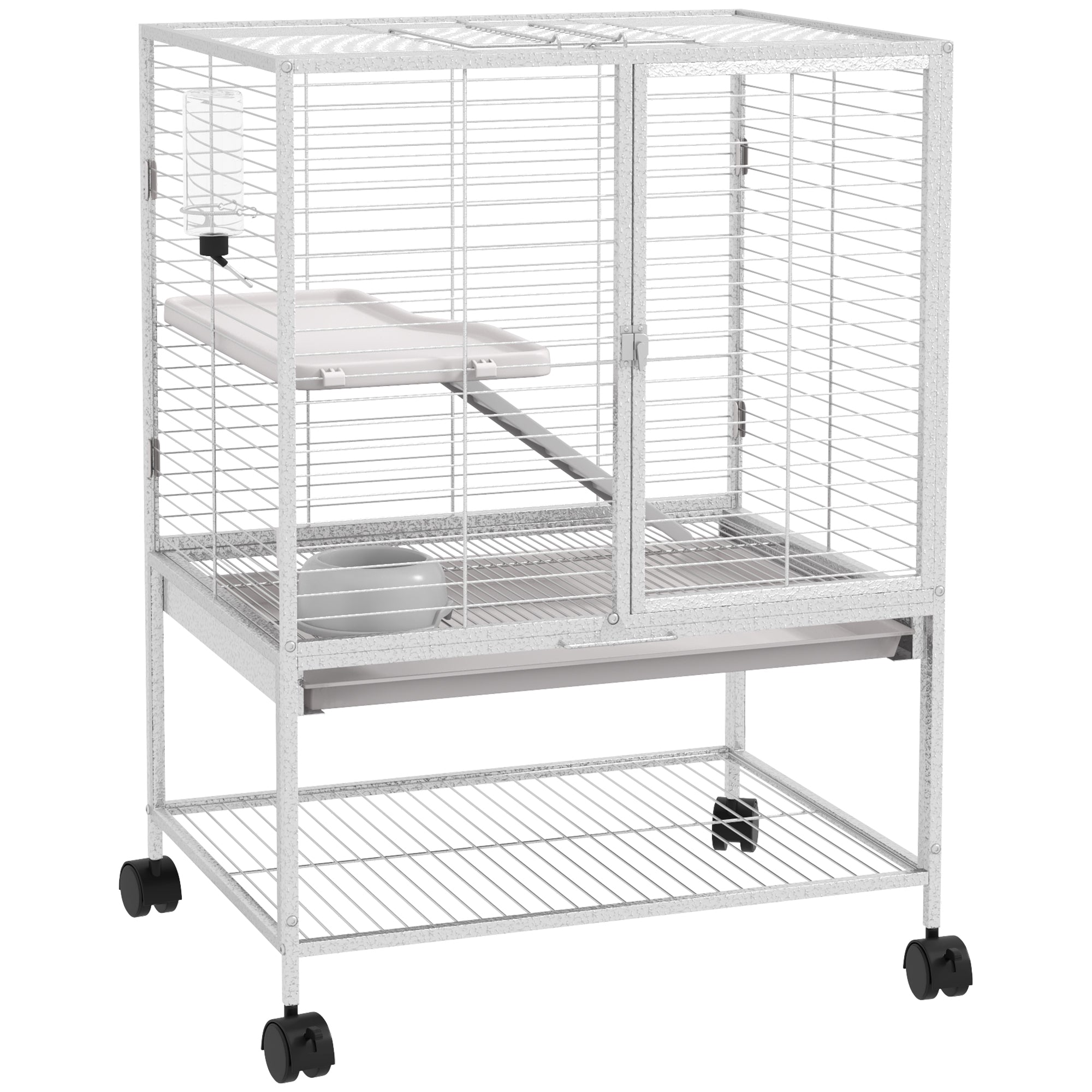 Small Animal Cage with Wheels, Pet Playpen for Rat, Kitten, Ferrets, Chinchillas with Bottom Storage Shelf, Removable Tray, Ramp, 24.2" x 17.9" x 33.9", Light Grey