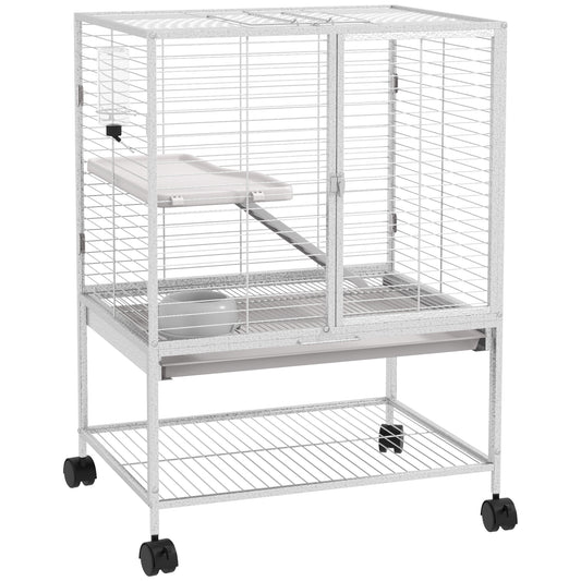 Small Animal Cage with Wheels, Pet Playpen for Rat, Kitten, Ferrets, Chinchillas with Bottom Storage Shelf, Removable Tray, Ramp, 24.2" x 17.9" x 33.9", Light Grey