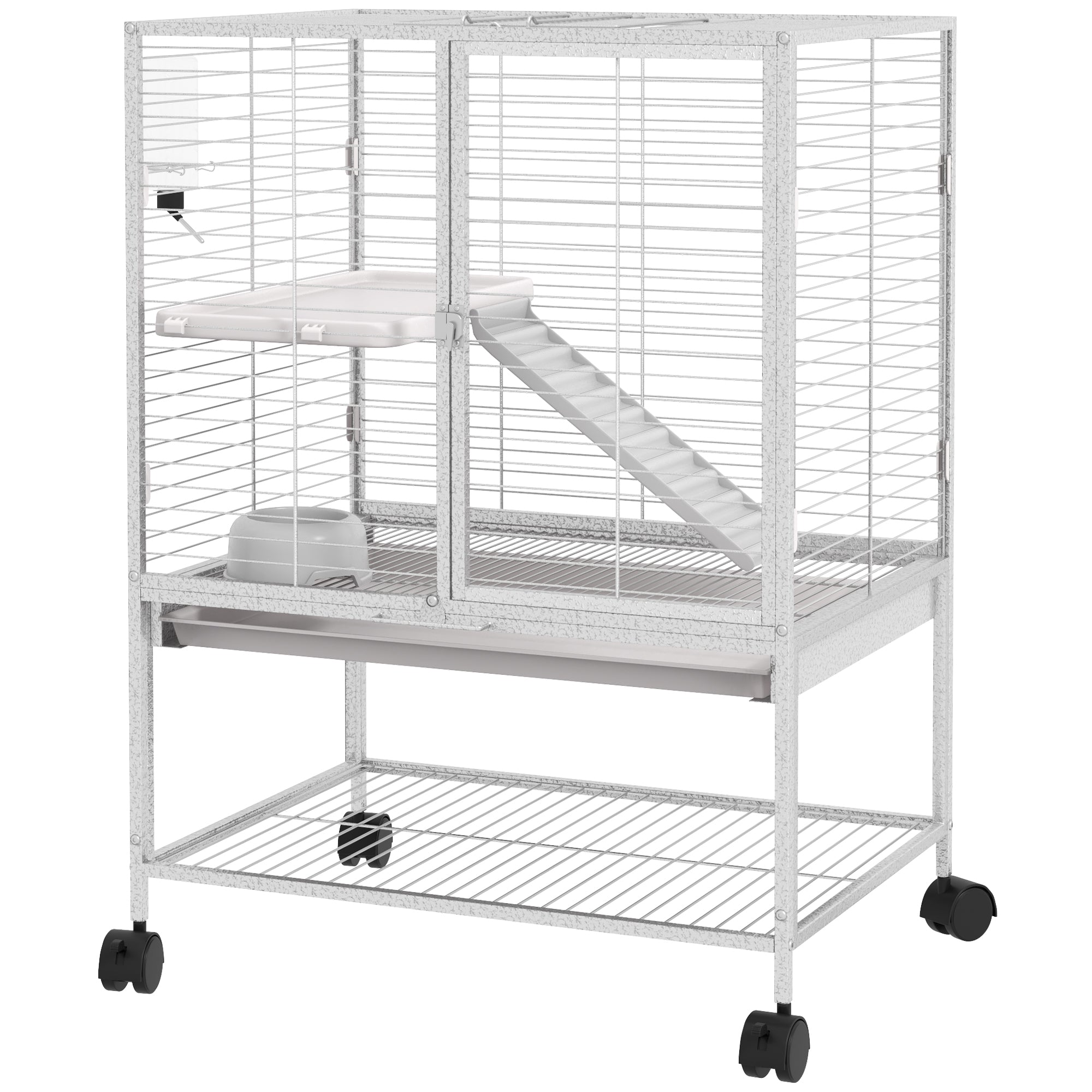 Small Animal Cage with Wheels, Pet Playpen for Rat, Kitten, Ferrets, Chinchillas with Bottom Storage Shelf, Removable Tray, Ramp, 24.2" x 17.9" x 33.9", Light Grey