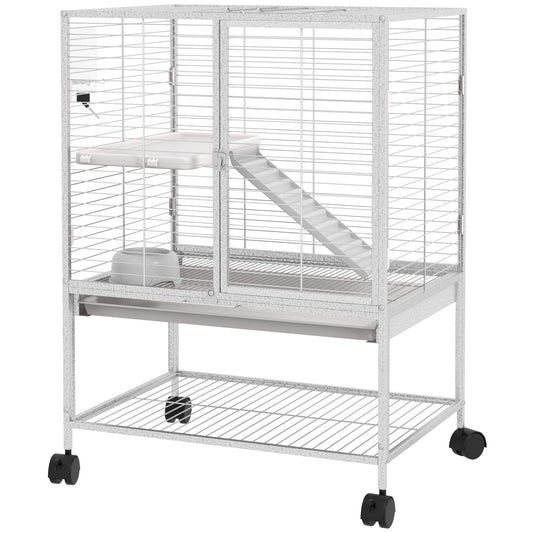 Small Animal Cage with Wheels, Pet Playpen for Rat, Kitten, Ferrets, Chinchillas with Bottom Storage Shelf, Removable Tray, Ramp, 24.2" x 17.9" x 33.9", Light Grey