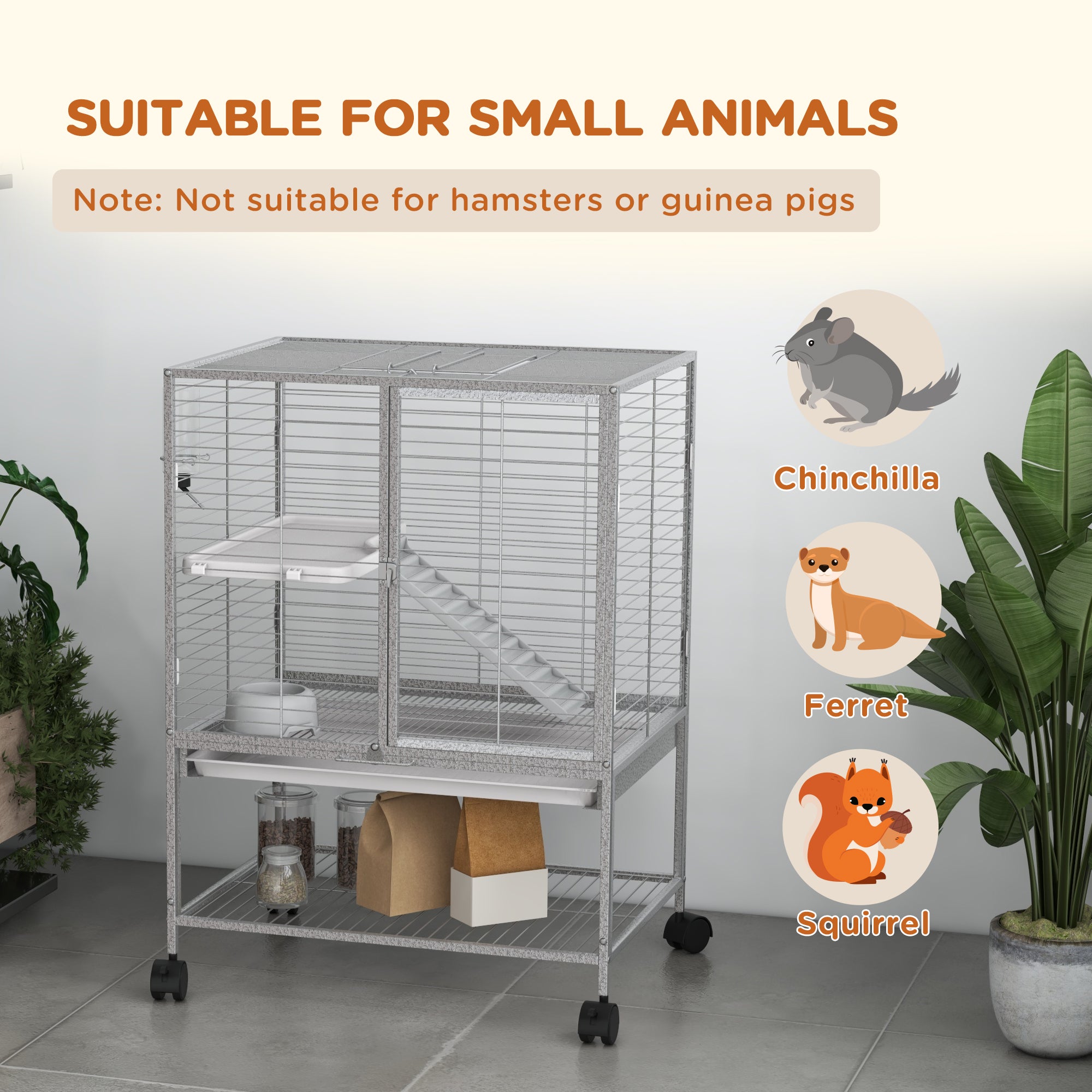 Small Animal Cage with Wheels, Pet Playpen for Rat, Kitten, Ferrets, Chinchillas with Bottom Storage Shelf, Removable Tray, Ramp, 24.2" x 17.9" x 33.9", Light Grey