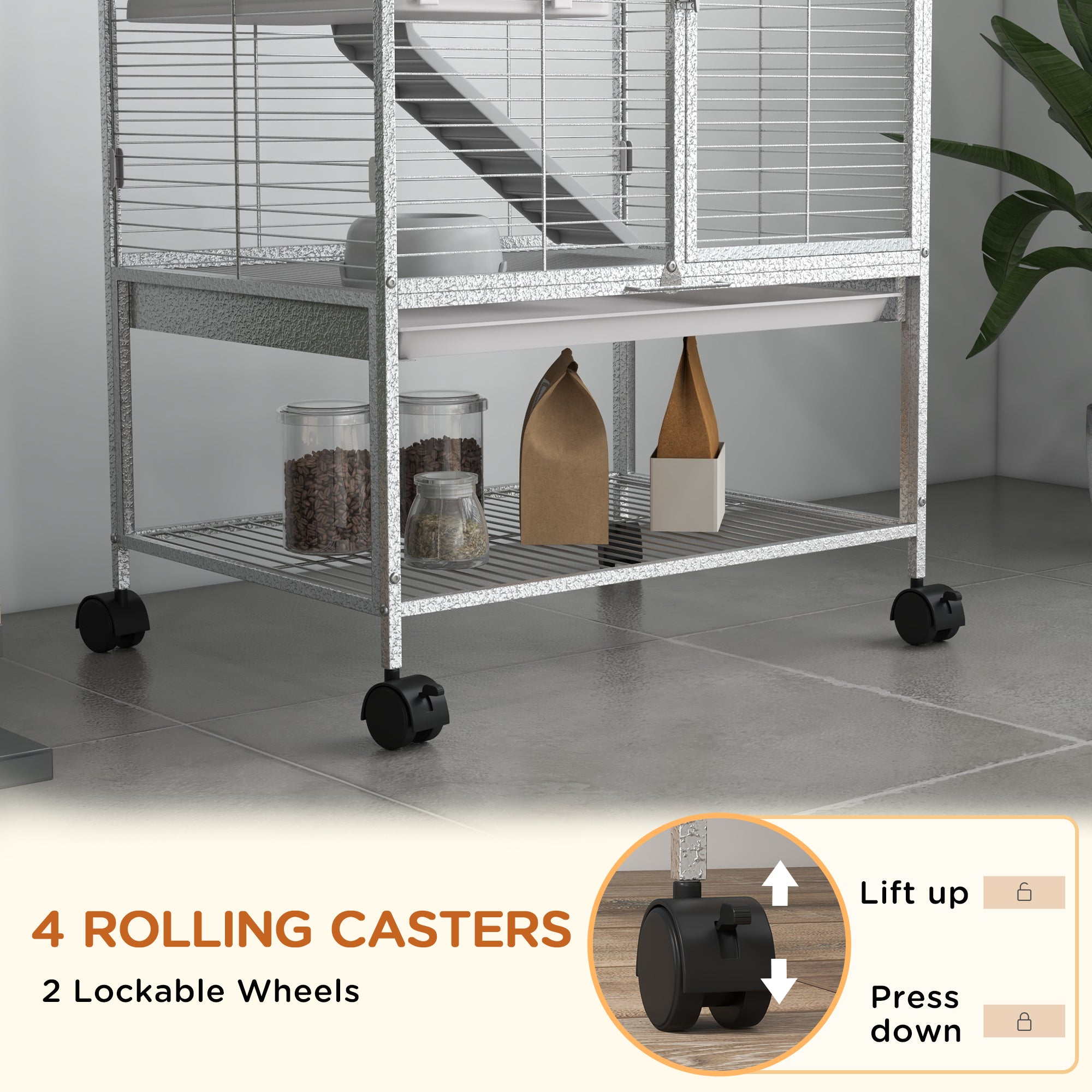 Small Animal Cage with Wheels, Pet Playpen for Rat, Kitten, Ferrets, Chinchillas with Bottom Storage Shelf, Removable Tray, Ramp, 24.2" x 17.9" x 33.9", Light Grey