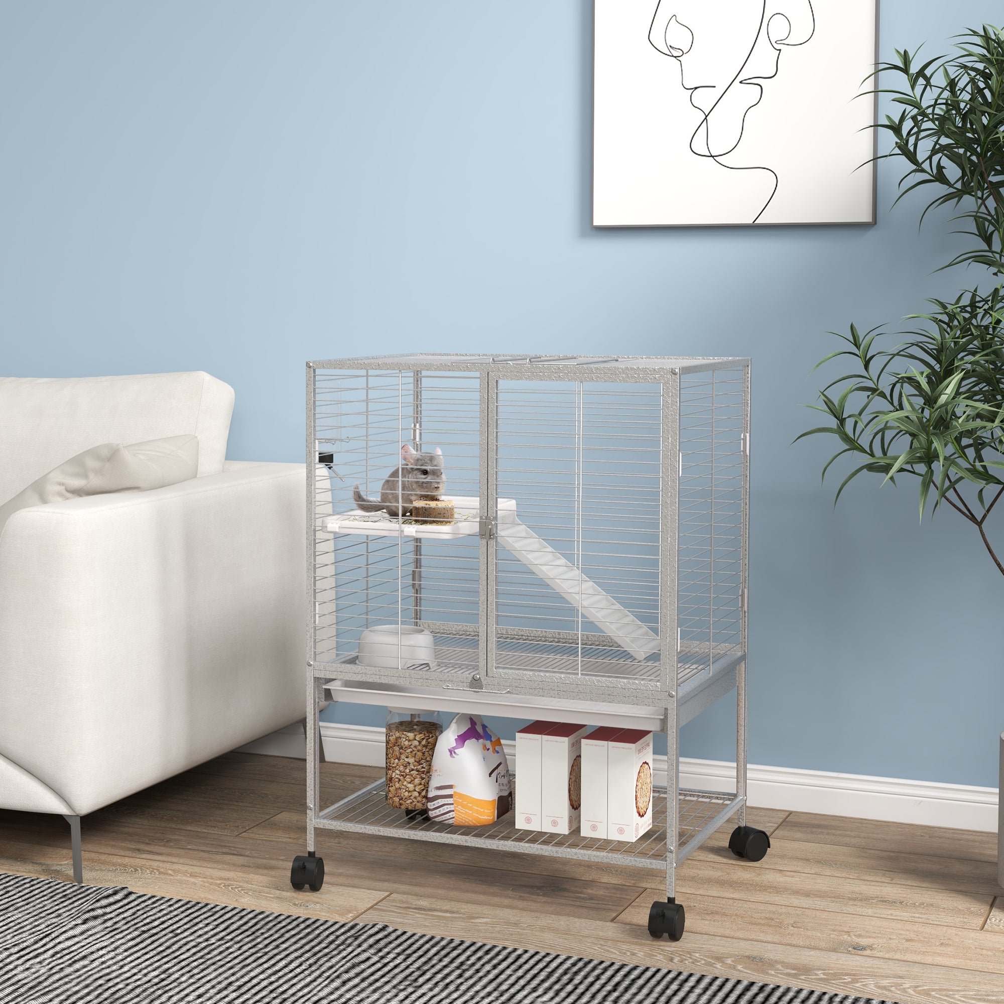 Small Animal Cage with Wheels, Pet Playpen for Rat, Kitten, Ferrets, Chinchillas with Bottom Storage Shelf, Removable Tray, Ramp, 24.2" x 17.9" x 33.9", Light Grey