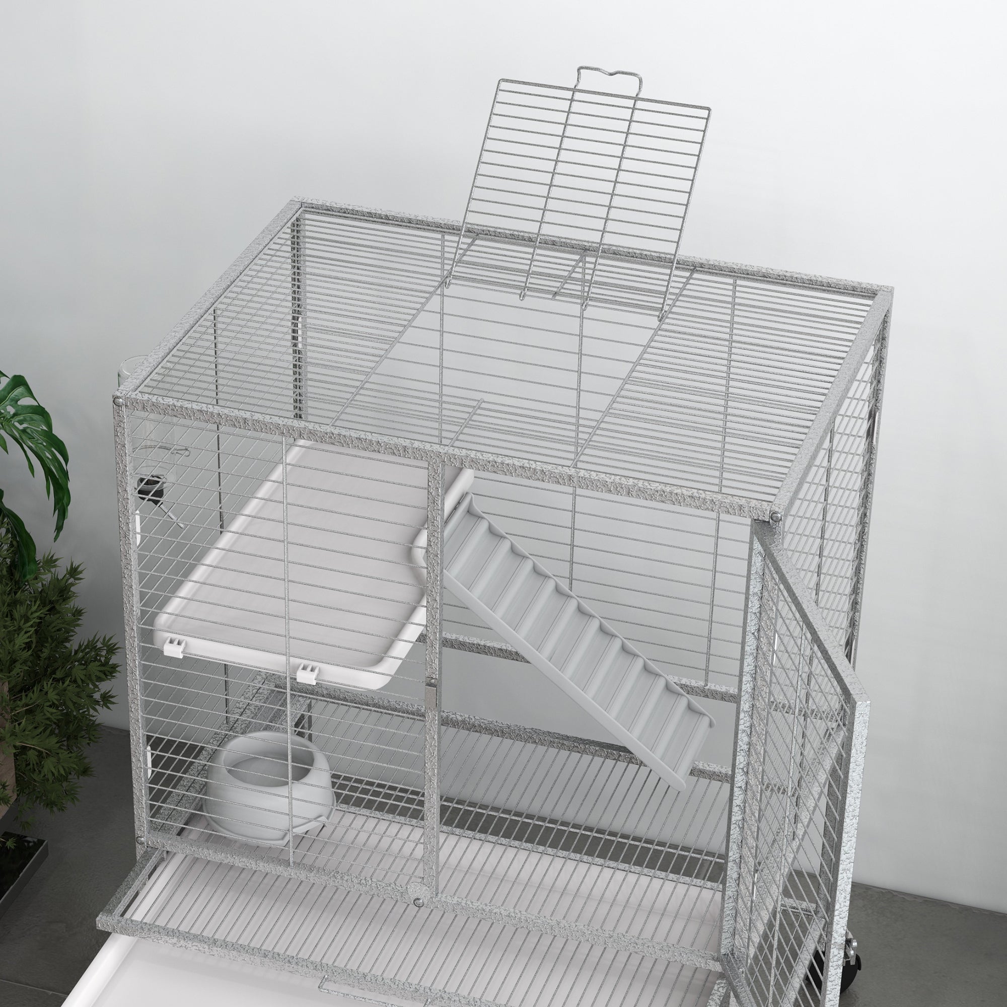 Small Animal Cage with Wheels, Pet Playpen for Rat, Kitten, Ferrets, Chinchillas with Bottom Storage Shelf, Removable Tray, Ramp, 24.2" x 17.9" x 33.9", Light Grey