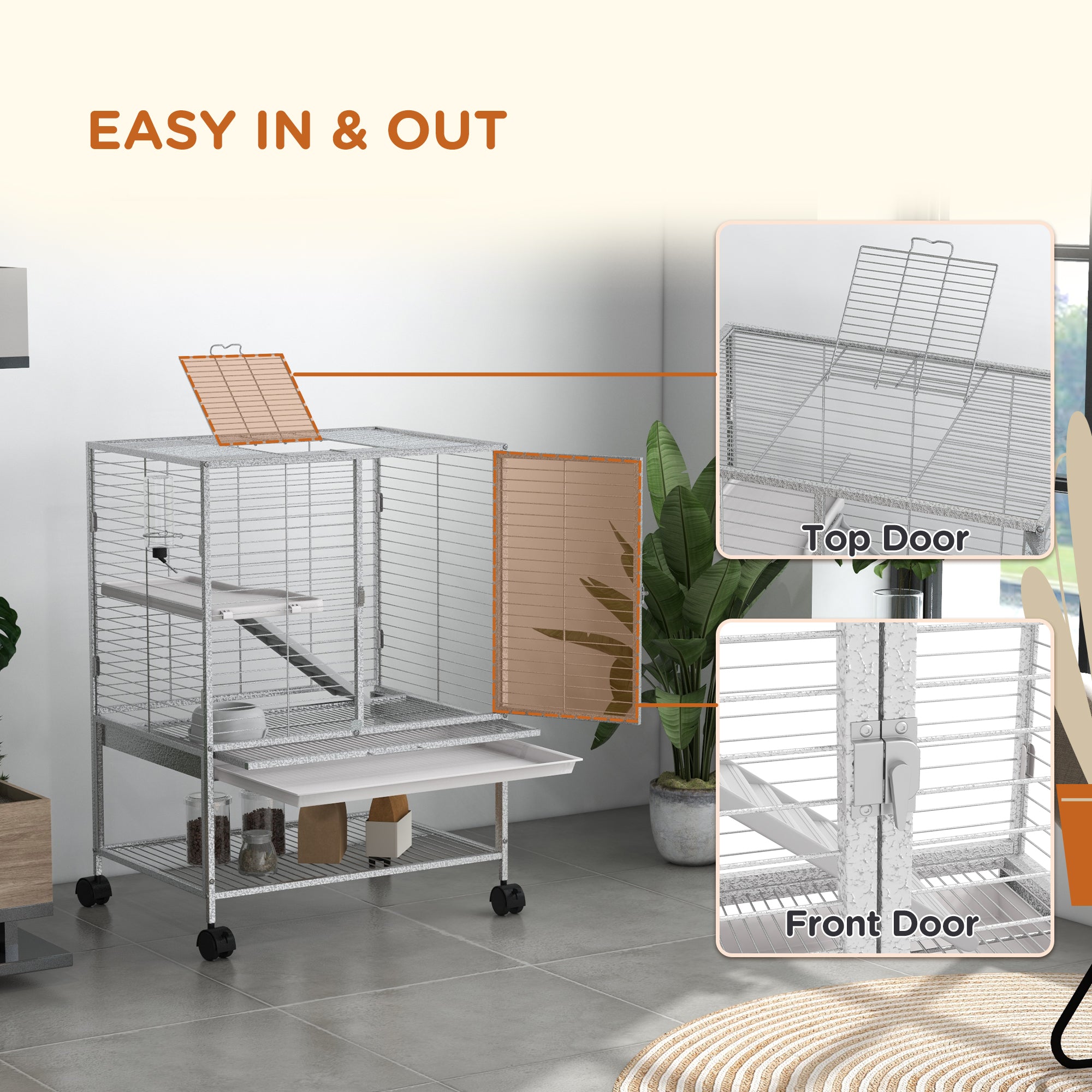 Small Animal Cage with Wheels, Pet Playpen for Rat, Kitten, Ferrets, Chinchillas with Bottom Storage Shelf, Removable Tray, Ramp, 24.2" x 17.9" x 33.9", Light Grey