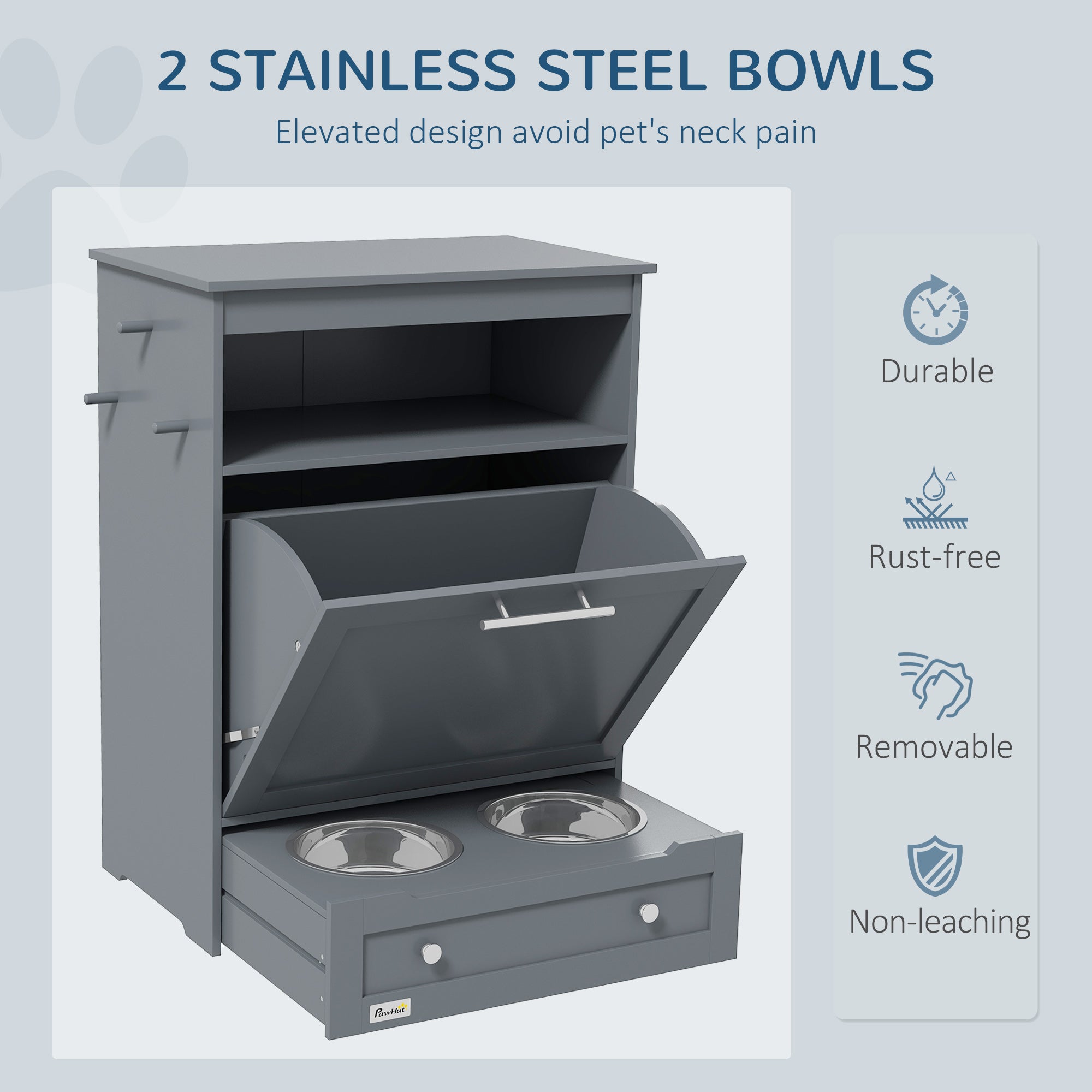 Cat Dog Feeding Station, Dog Food Storage Cabinet, Pet Feeder Container with Raised Bowls and Hanger for Feeding & Watering Supplies, Grey