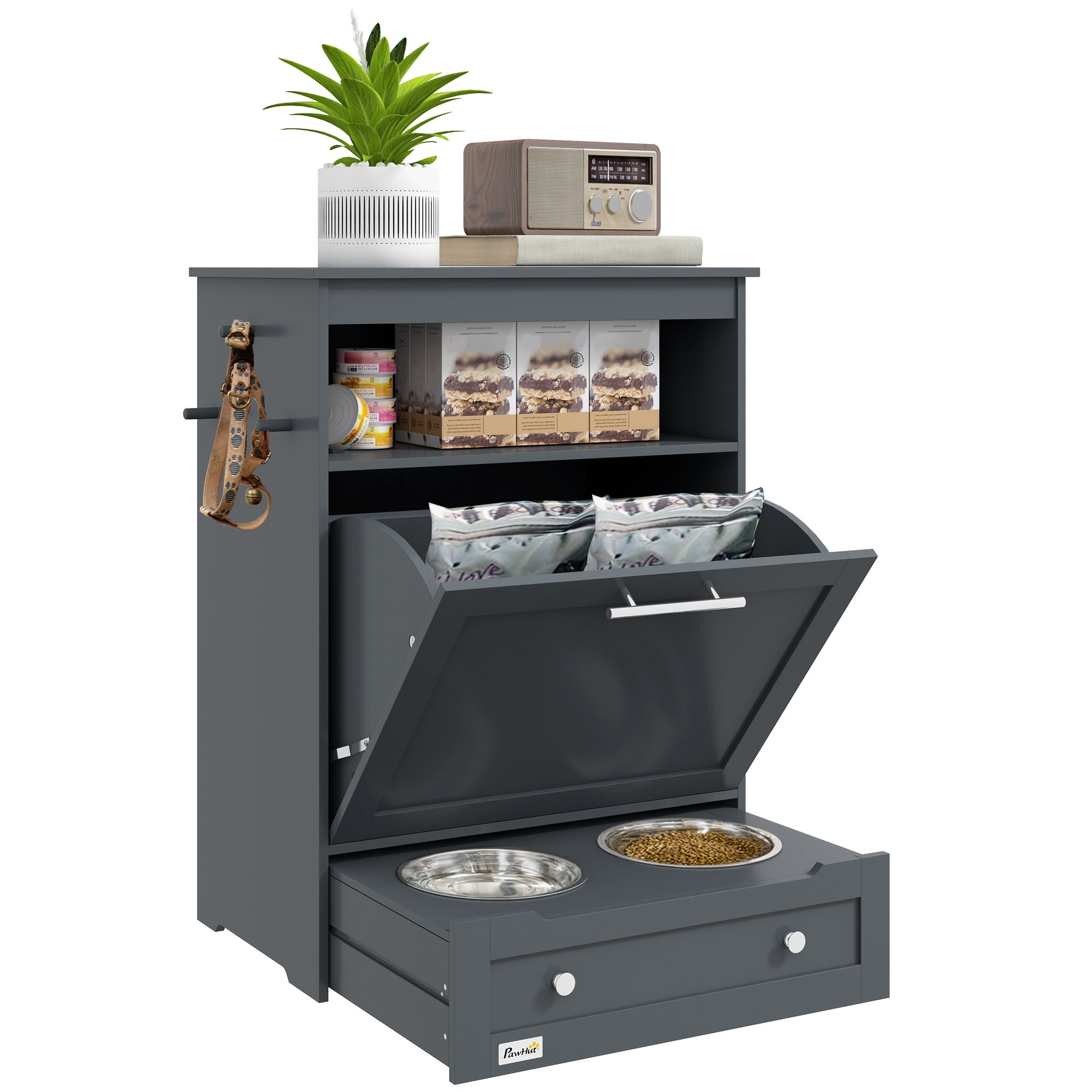 Cat Dog Feeding Station, Dog Food Storage Cabinet, Pet Feeder Container with Raised Bowls and Hanger for Feeding & Watering Supplies, Grey