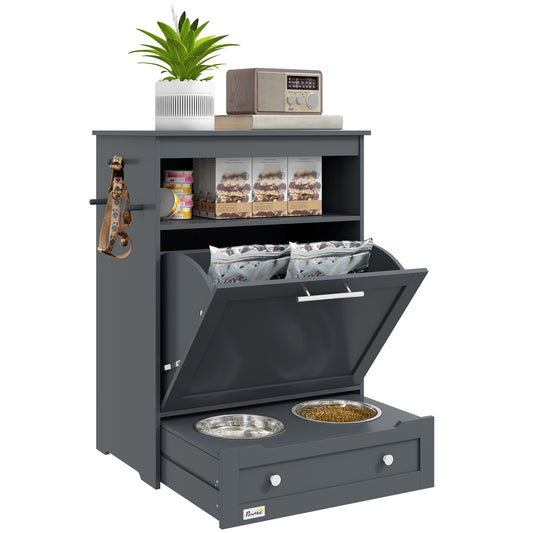 Cat Dog Feeding Station, Dog Food Storage Cabinet, Pet Feeder Container with Raised Bowls and Hanger for Feeding & Watering Supplies, Grey