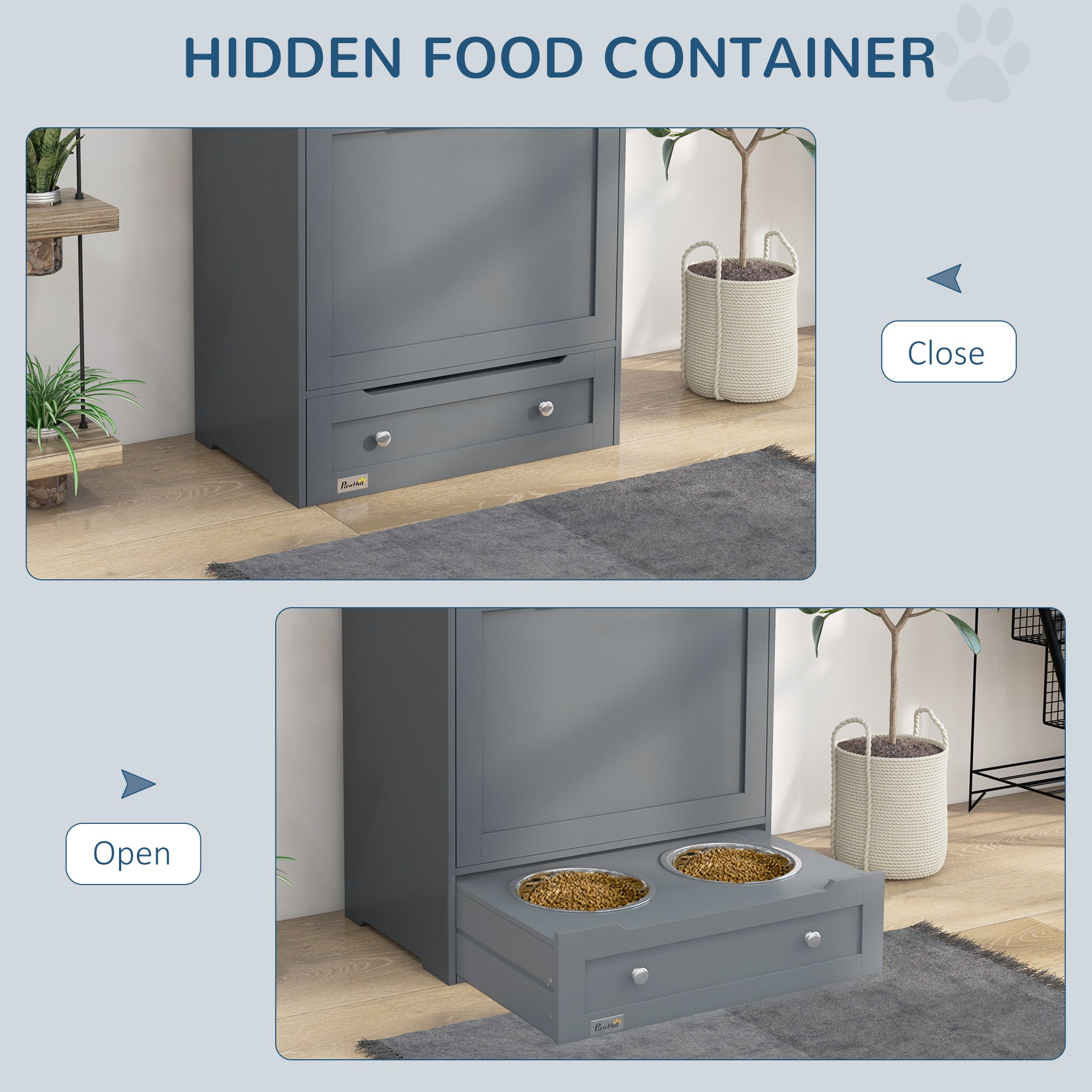 Cat Dog Feeding Station, Dog Food Storage Cabinet, Pet Feeder Container with Raised Bowls and Hanger for Feeding & Watering Supplies, Grey