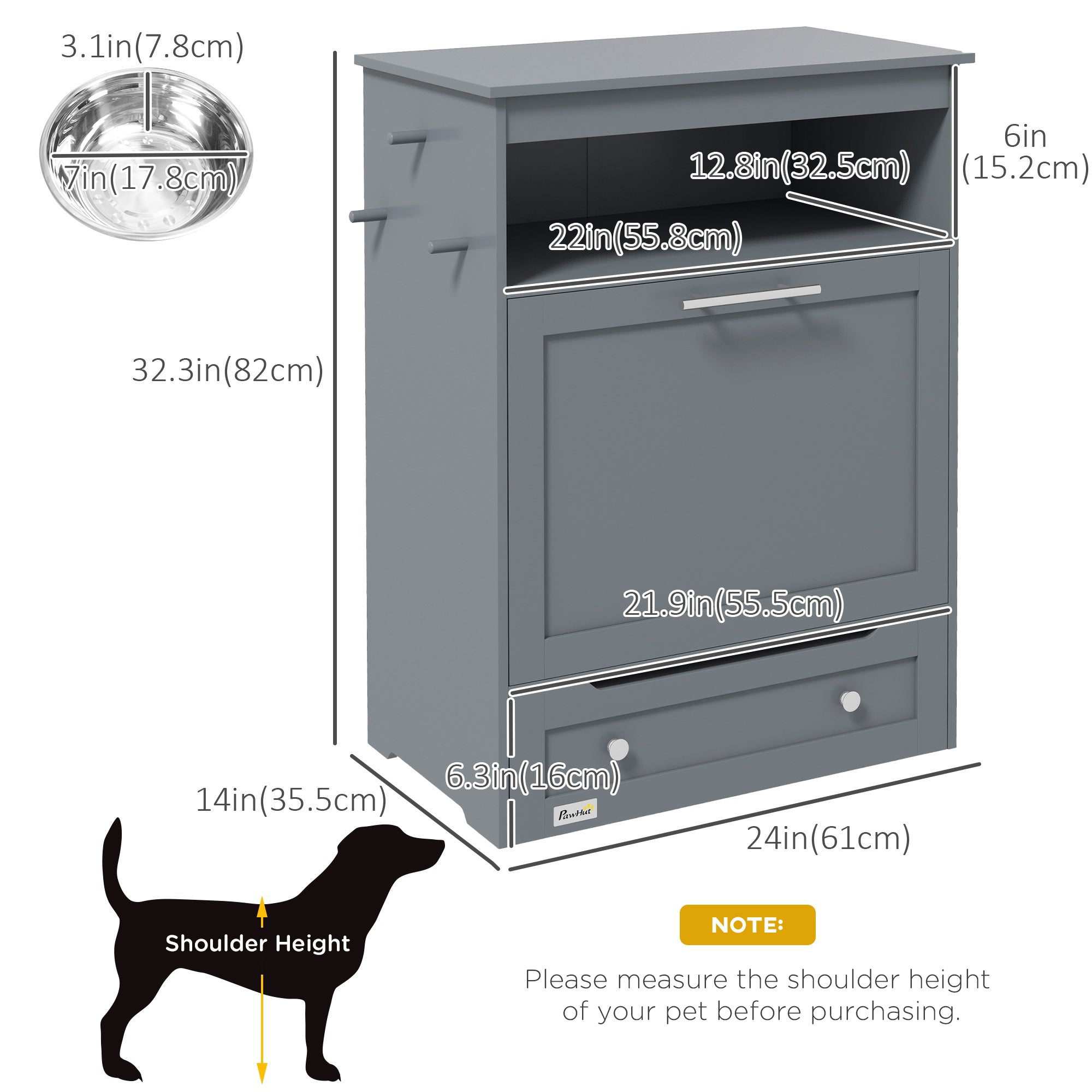 Cat Dog Feeding Station, Dog Food Storage Cabinet, Pet Feeder Container with Raised Bowls and Hanger for Feeding & Watering Supplies, Grey