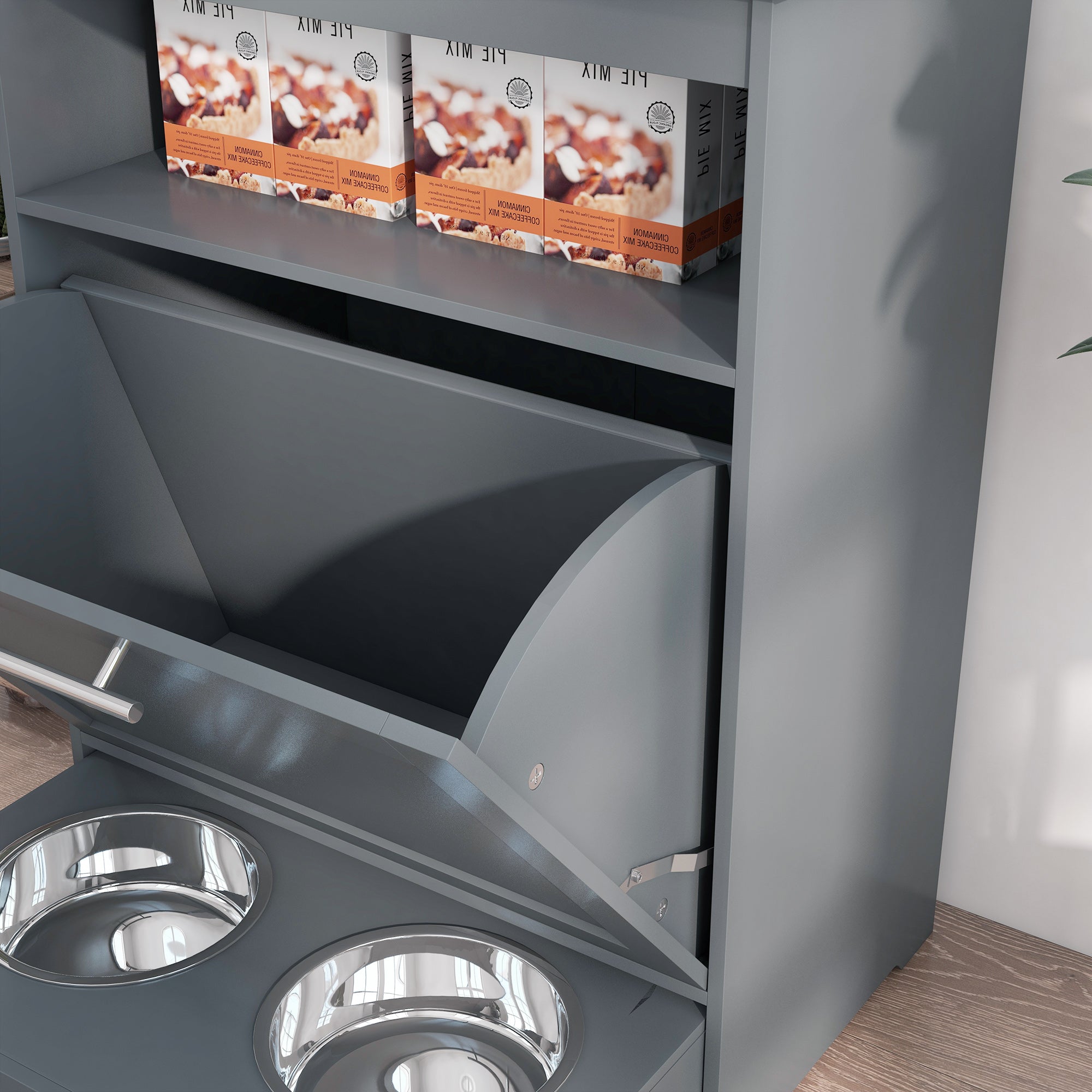 Cat Dog Feeding Station, Dog Food Storage Cabinet, Pet Feeder Container with Raised Bowls and Hanger for Feeding & Watering Supplies, Grey