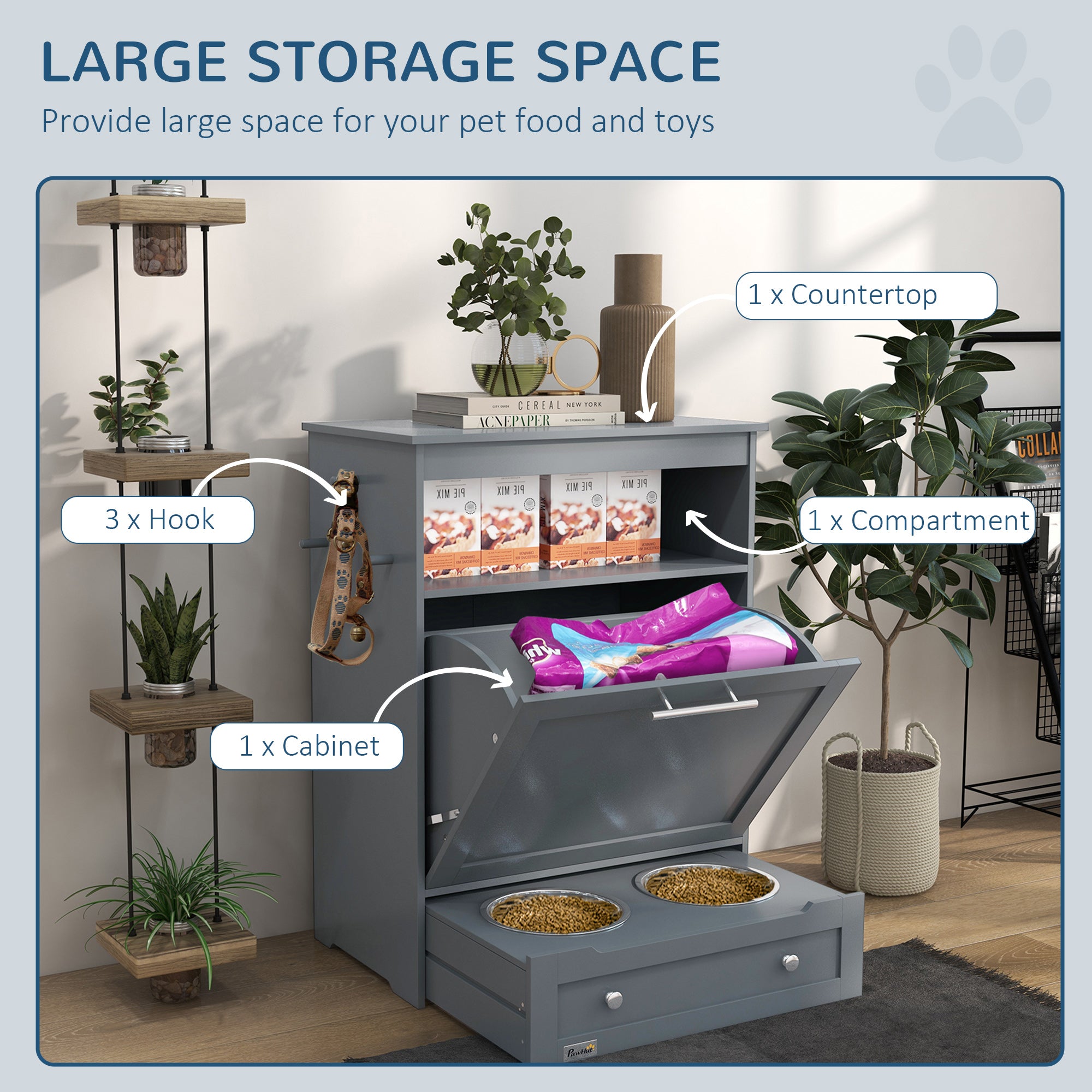 Cat Dog Feeding Station, Dog Food Storage Cabinet, Pet Feeder Container with Raised Bowls and Hanger for Feeding & Watering Supplies, Grey