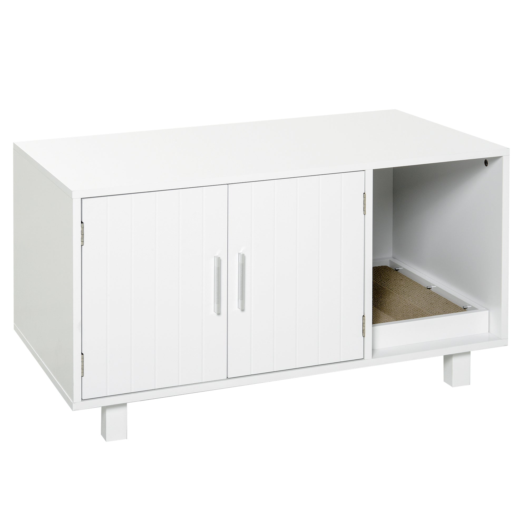 Cat Litter Box Enclosure, Hidden Litter Box Furniture, Cat House End Table Washroom with Scratching Pad, for Indoor Cats Kittens, White