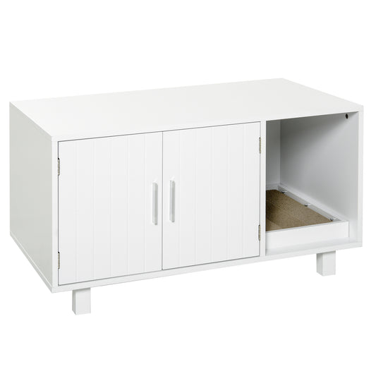 Cat Litter Box Enclosure, Hidden Litter Box Furniture, Cat House End Table Washroom with Scratching Pad, for Indoor Cats Kittens, White