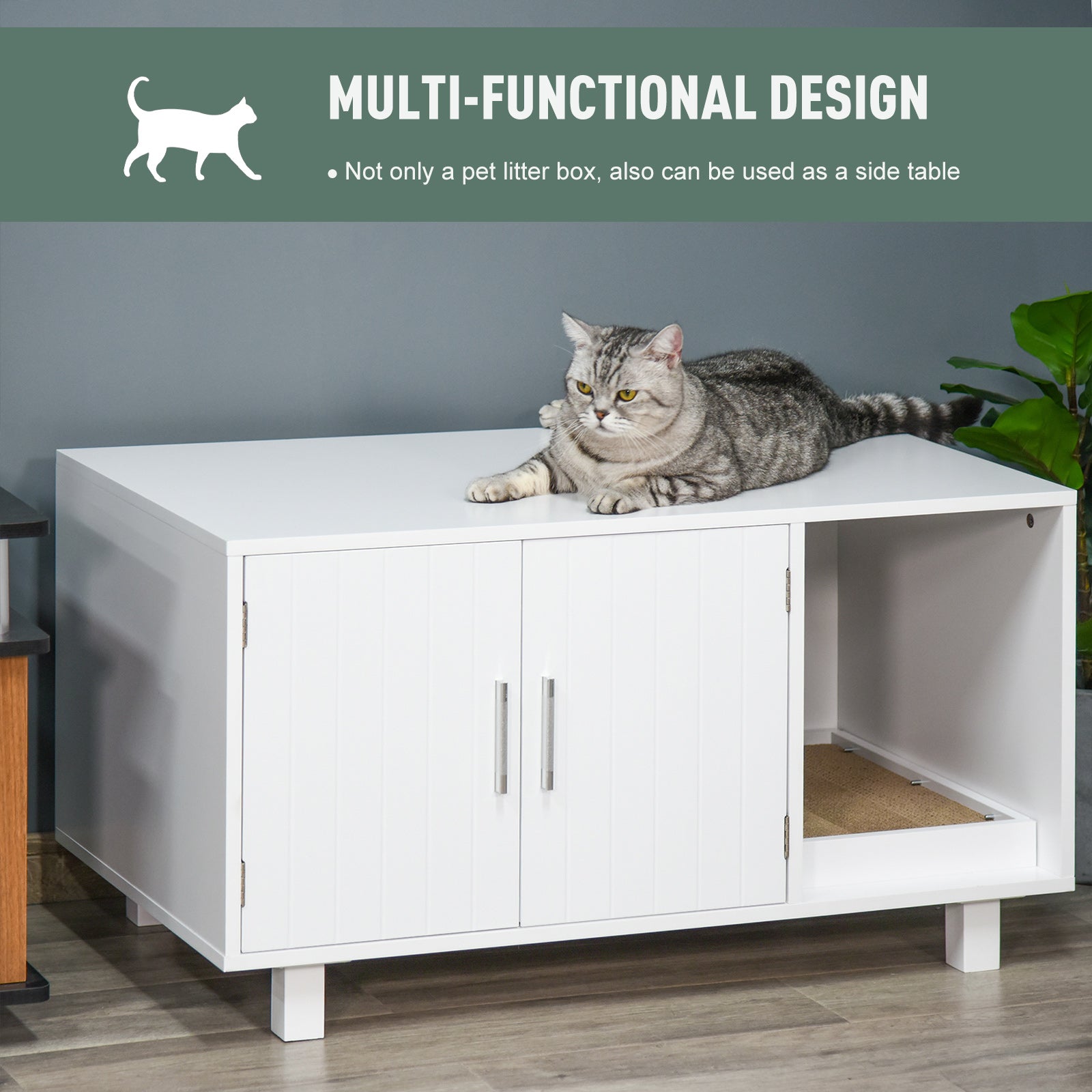 Cat Litter Box Enclosure, Hidden Litter Box Furniture, Cat House End Table Washroom with Scratching Pad, for Indoor Cats Kittens, White