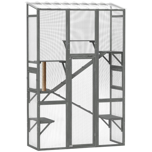 Outdoor Catio Cat Enclosure, Large Wooden Cat House with 6 Jumping Platforms, Scratching Post, 2 Ramps, Waterproof Roof, Cat Cage Window Access for 2-3 Kittens, 99" H, Gray
