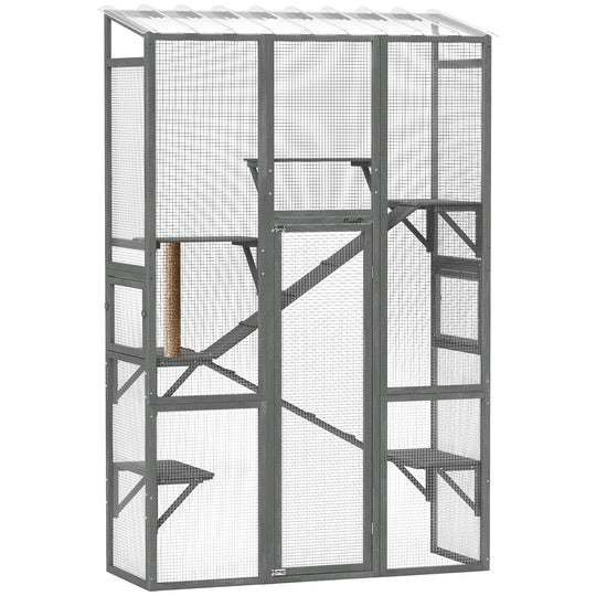 Catio Outdoor Cat Enclosure, Large Wooden Cat House with 6 Platforms, Scratching Post, 2 Ramps, Waterproof Roof, Walk-in Kitty Cage for 2–3 Kittens, 64" x 24" x 99", Grey