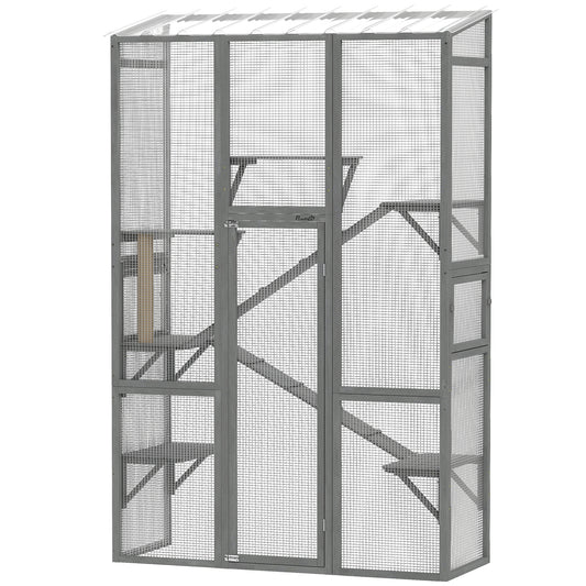 Catio Outdoor Cat Enclosure, Large Wooden Cat House with 6 Platforms, Scratching Post, 2 Ramps, Waterproof Roof, Walk-in Kitty Cage for 2–3 Kittens, 64" x 24" x 99", Grey
