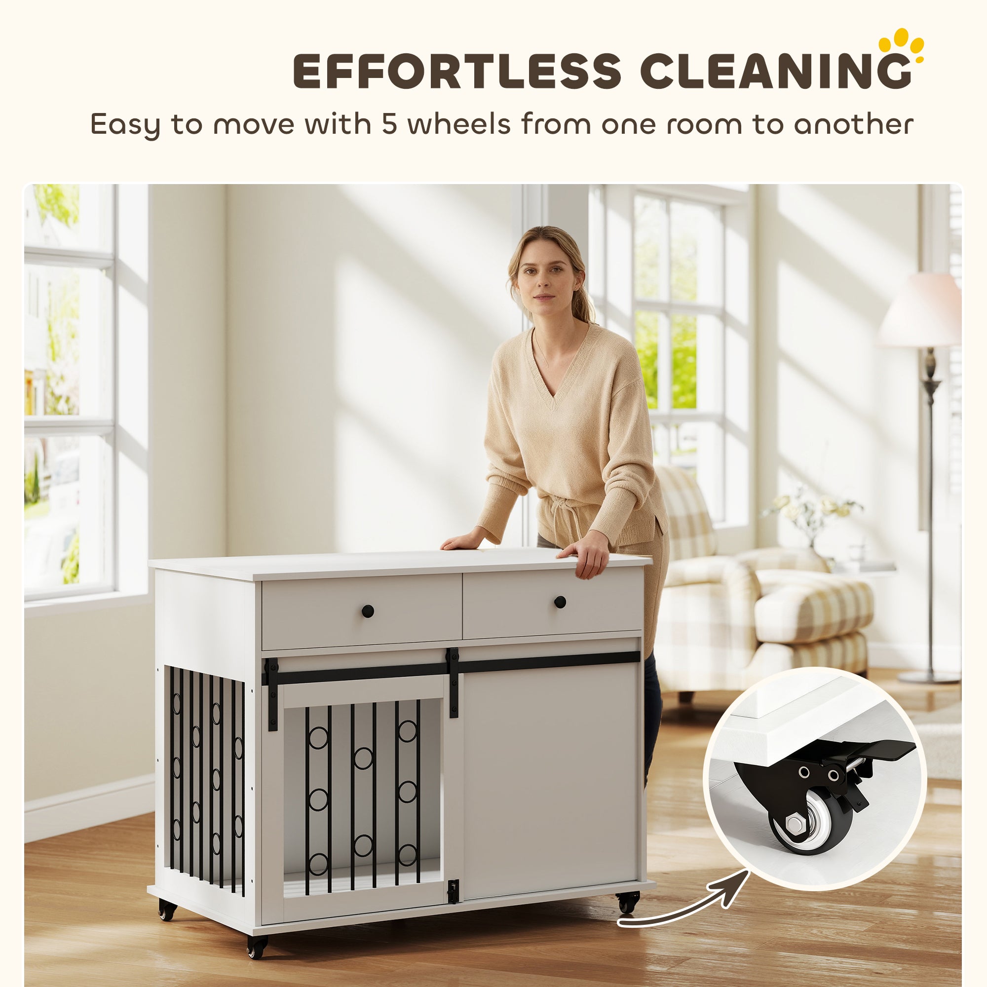 Dog Crate Furniture, 39" Dog Kennel Indoor with 2 Storage Drawers, Wheels, Sliding Door, Decorative End Side Table Pet House Cage for Medium and Large Breeds, White