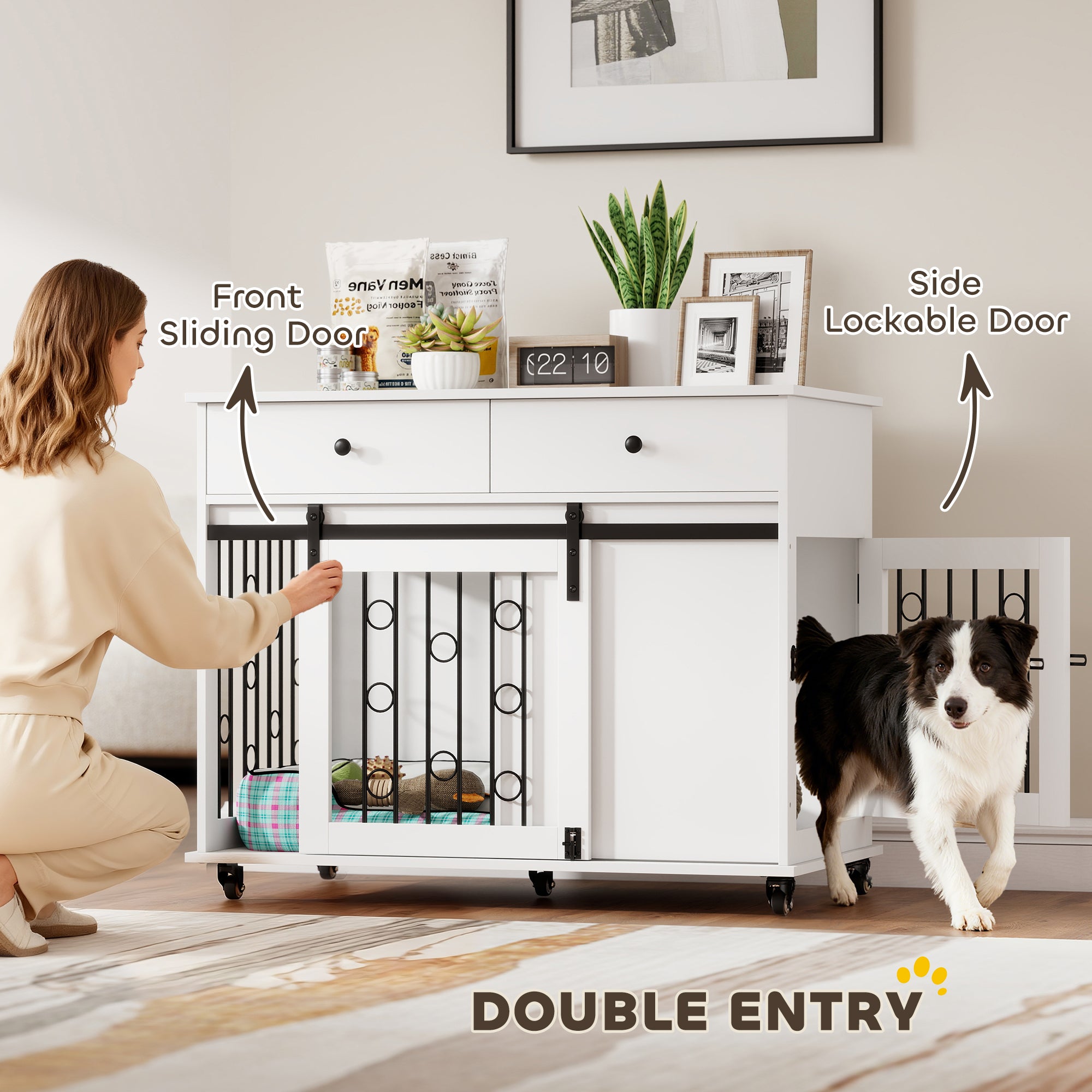 Dog Crate Furniture, 39" Dog Kennel Indoor with 2 Storage Drawers, Wheels, Sliding Door, Decorative End Side Table Pet House Cage for Medium and Large Breeds, White
