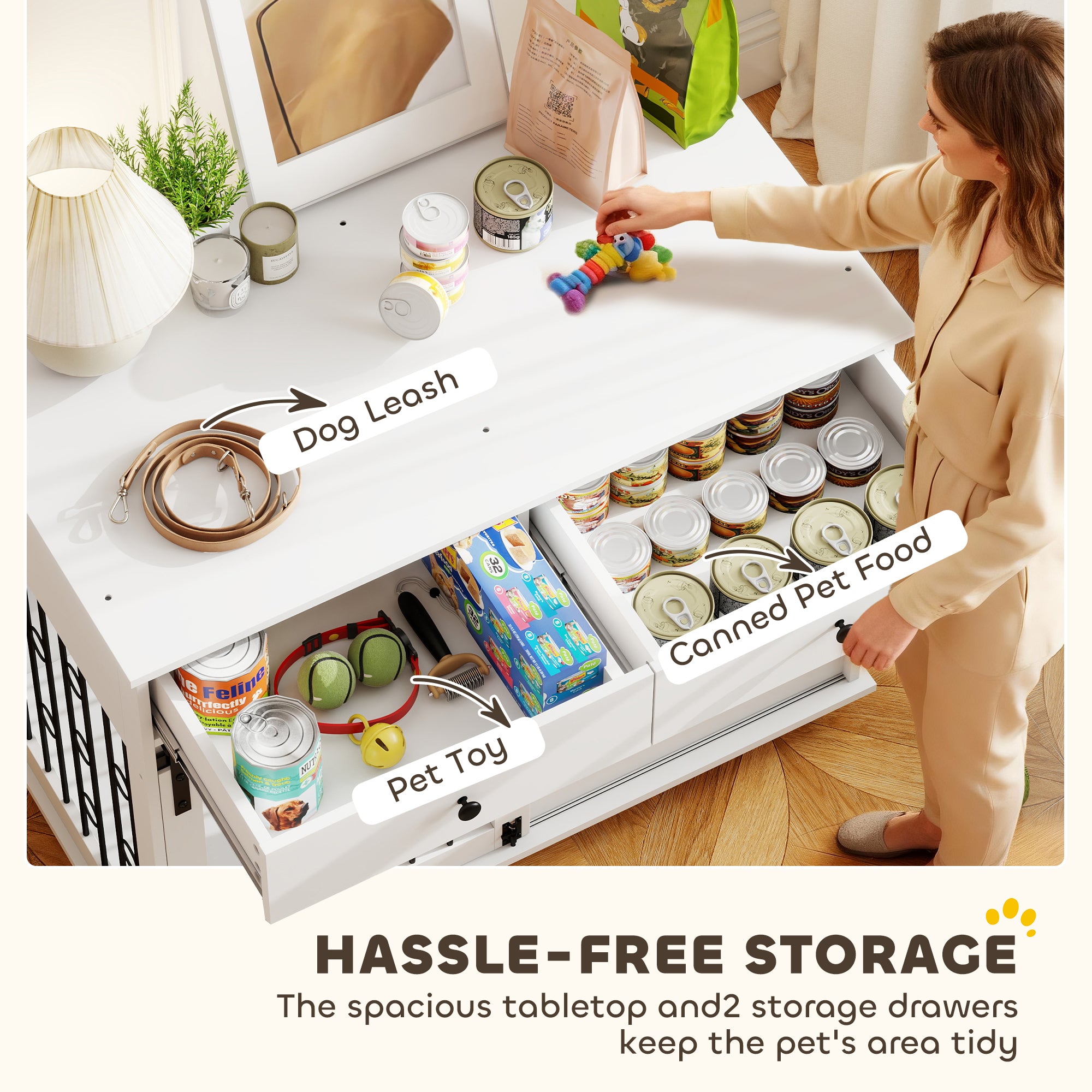 Dog Crate Furniture, 39" Dog Kennel Indoor with 2 Storage Drawers, Wheels, Sliding Door, Decorative End Side Table Pet House Cage for Medium and Large Breeds, White