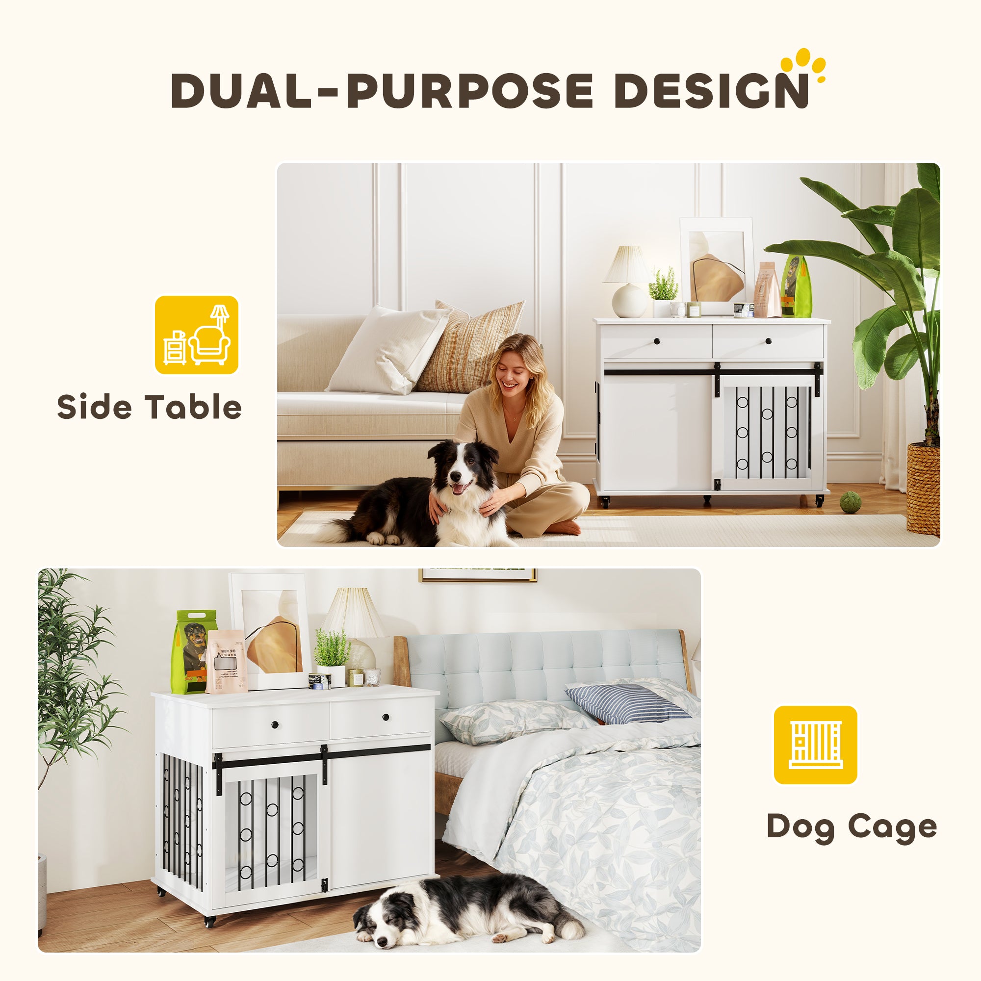 Dog Crate Furniture, 39" Dog Kennel Indoor with 2 Storage Drawers, Wheels, Sliding Door, Decorative End Side Table Pet House Cage for Medium and Large Breeds, White