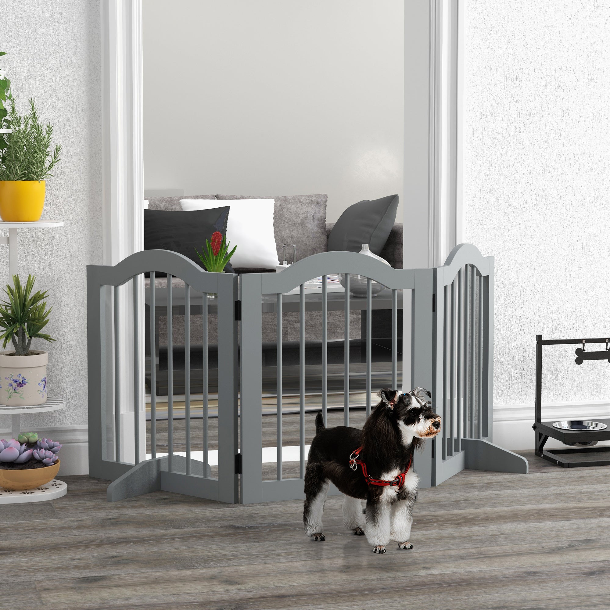 24"H Foldable Dog Gate, 3 Panels Freestanding Pet Gate Barriers Indoor with Support Feet, Puppy Fence for Small Dogs, Light Grey