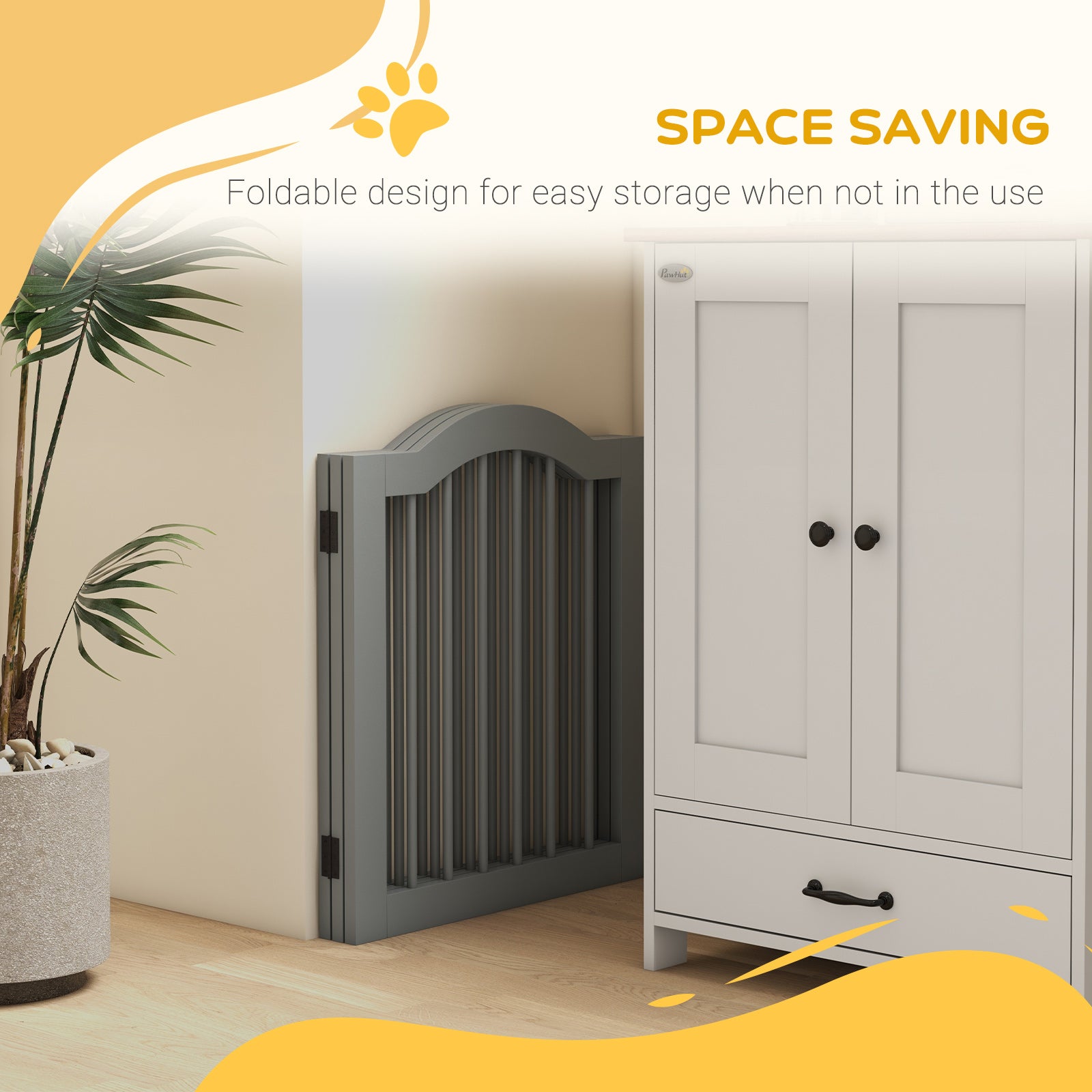 24"H Foldable Dog Gate, 3 Panels Freestanding Pet Gate Barriers Indoor with Support Feet, Puppy Fence for Small Dogs, Light Grey