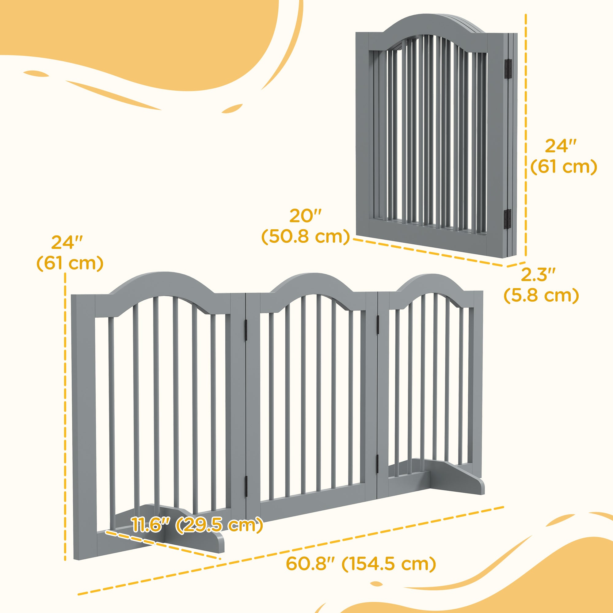24"H Foldable Dog Gate, 3 Panels Freestanding Pet Gate Barriers Indoor with Support Feet, Puppy Fence for Small Dogs, Light Grey