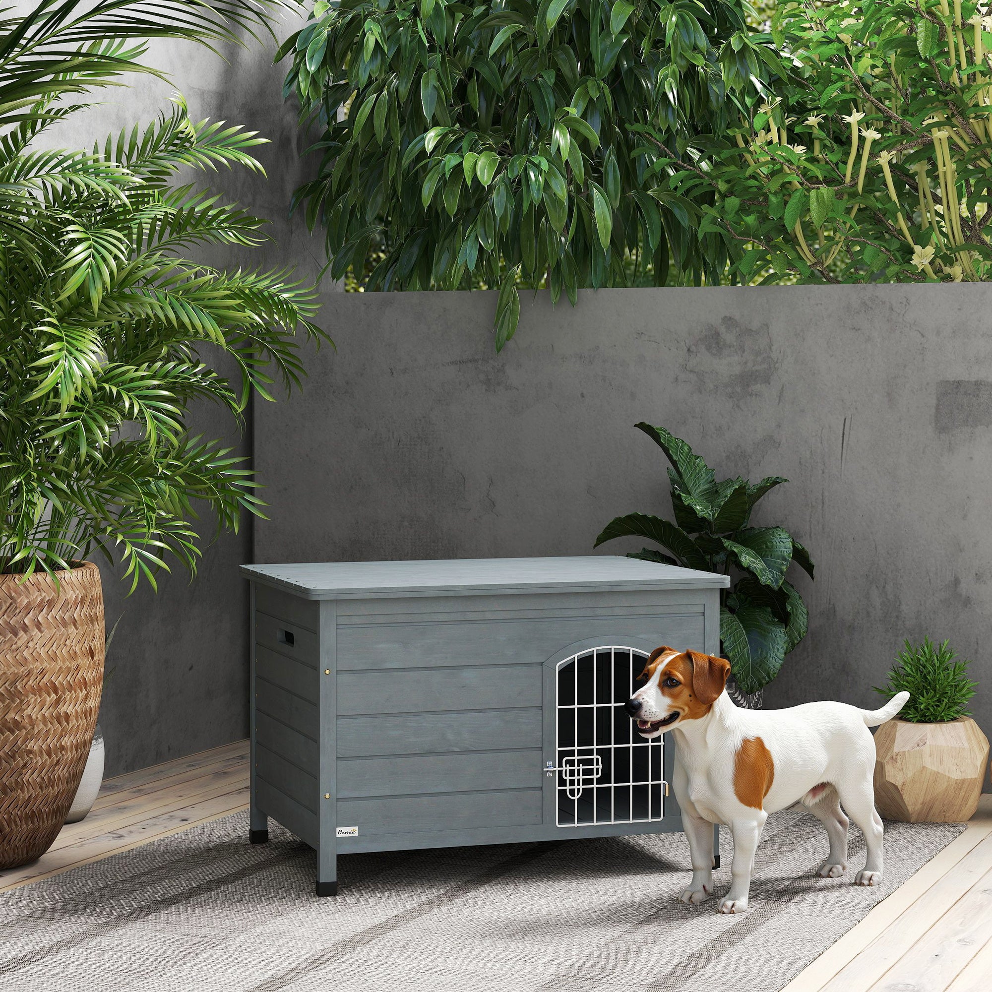PawHut 31"L Wooden Decorative Dog Cage Kennel Wire Door with Lock Small Animal House with Openable Top Removable Bottom Dark Gray